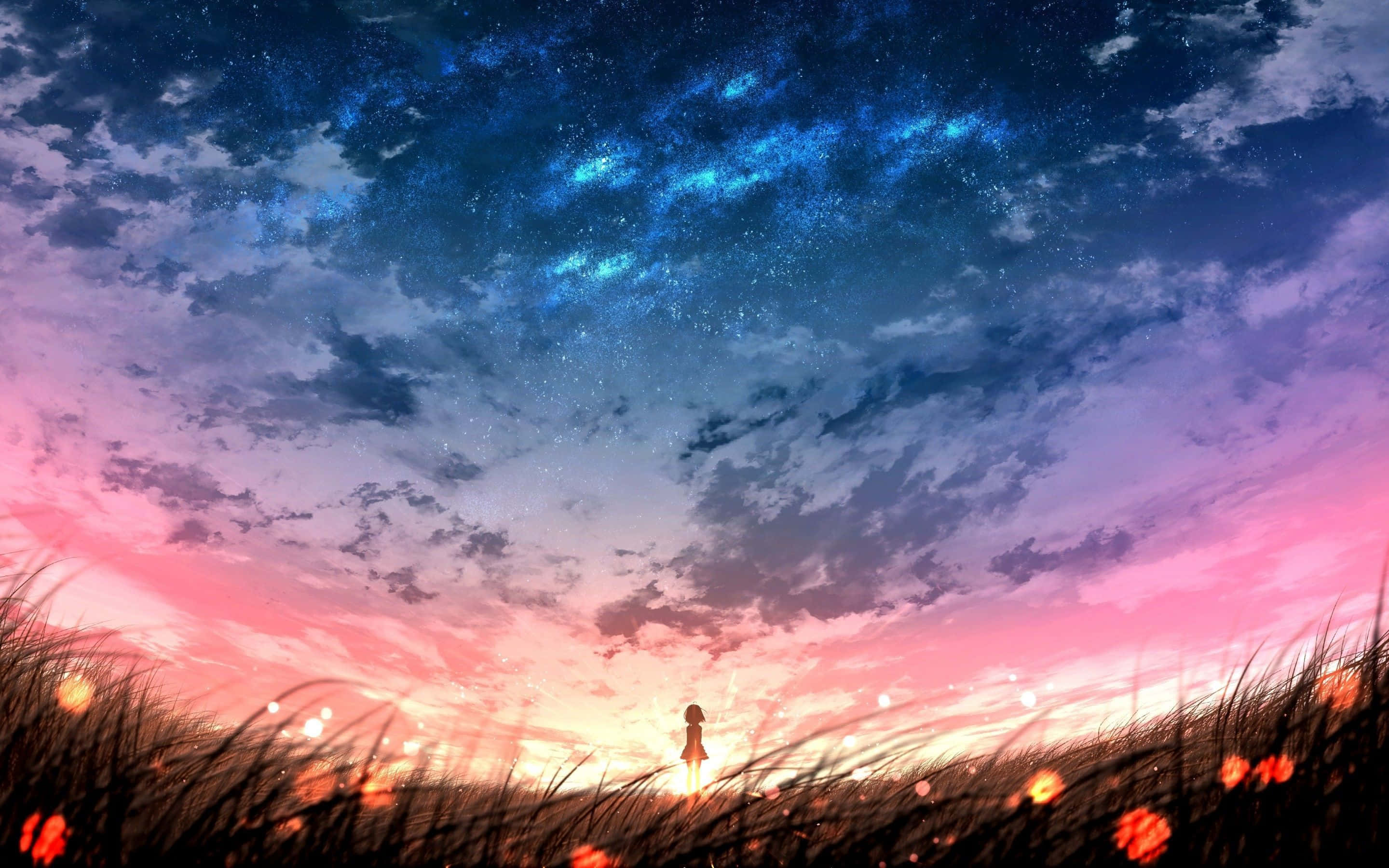 Anime Sunset 桌布 壁紙 — 一個孤獨的身影站在高草叢中，背景是充滿活力的暮色天空，點綴著粉紅、紫色和藍色的星星條紋。