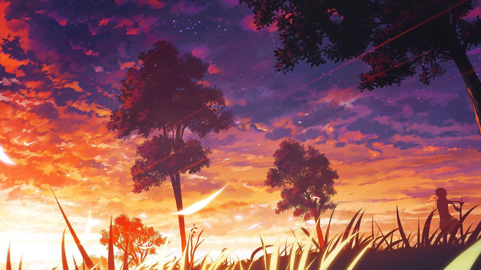 Aesthetic Anime Scenery 桌布 壁紙 — 一個孤獨的身影站在高高的草叢中，下方是充滿活力的暮色天空，帶有橙色、紫色和星光的條紋。