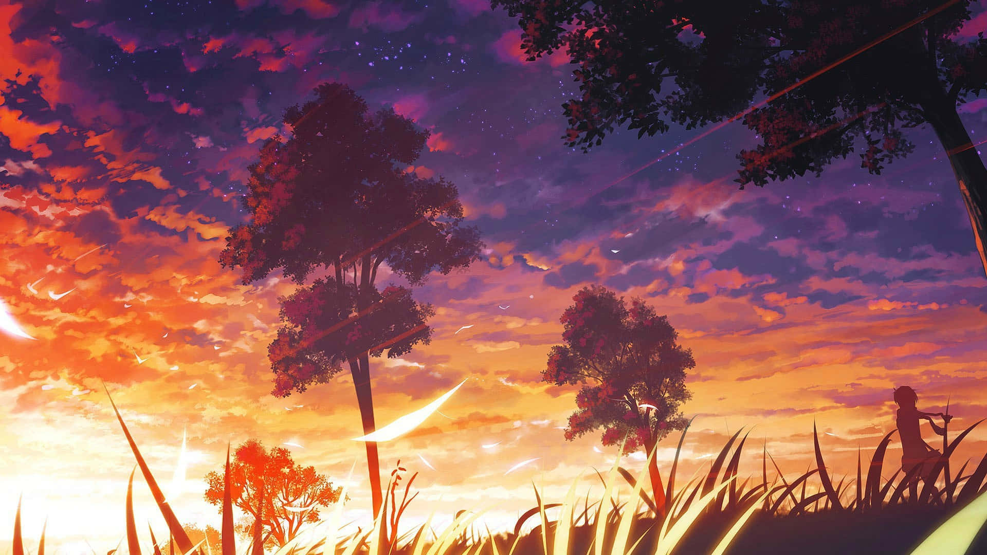 Anime Sky 桌布 壁紙 — 一個孤獨的身影站在高高的草叢中，下方是充滿活力的暮色天空，帶有橙色、紫色和星光的條紋，樹木在發光的地平線上形成剪影。