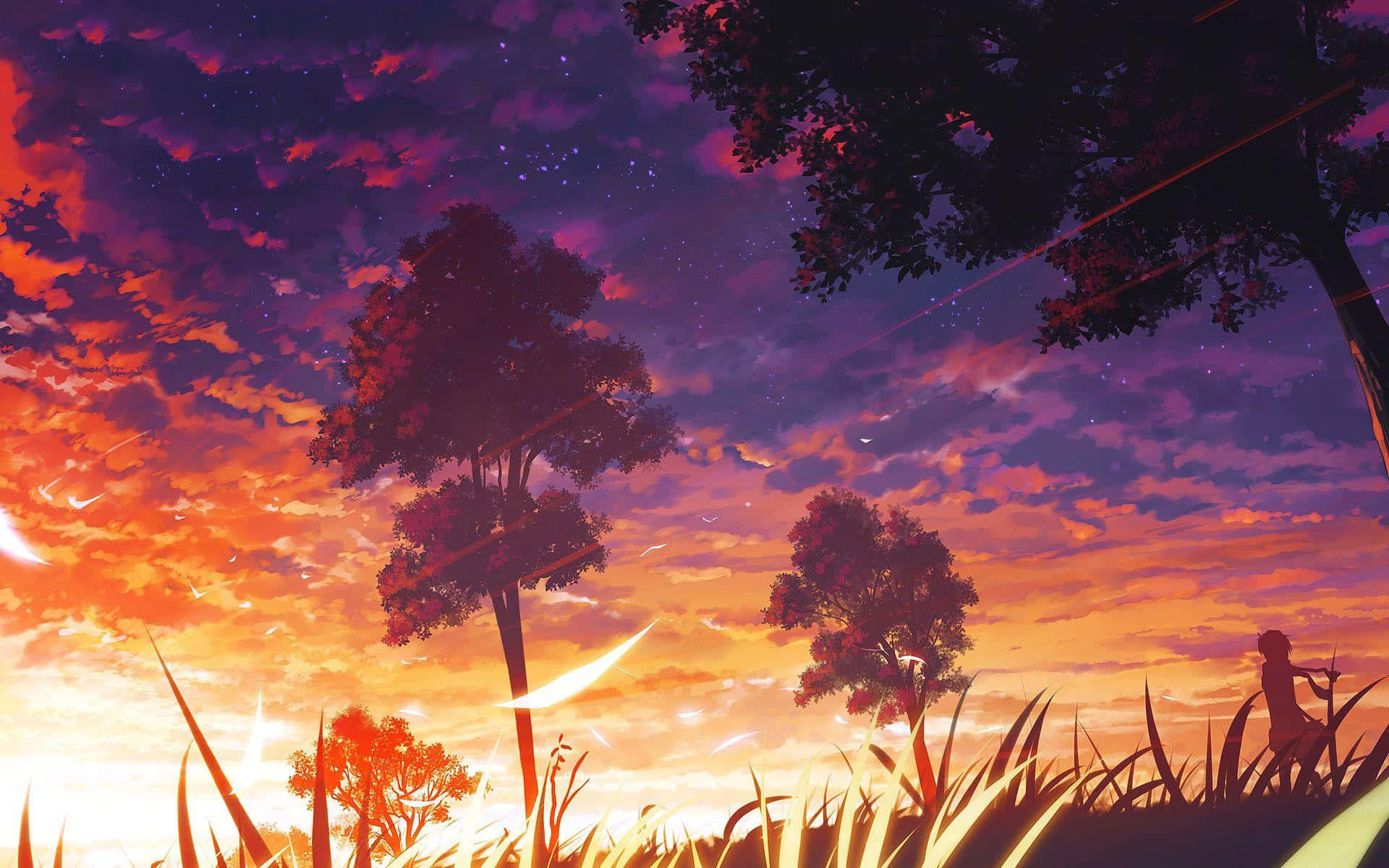 Beautiful Artistic 桌布 壁紙 — 一個孤獨的身影站在高高的草叢中，下方是充滿活力的暮色天空，帶有橙色、紫色和星光的條紋，樹木在發光的地平線上形成剪影。