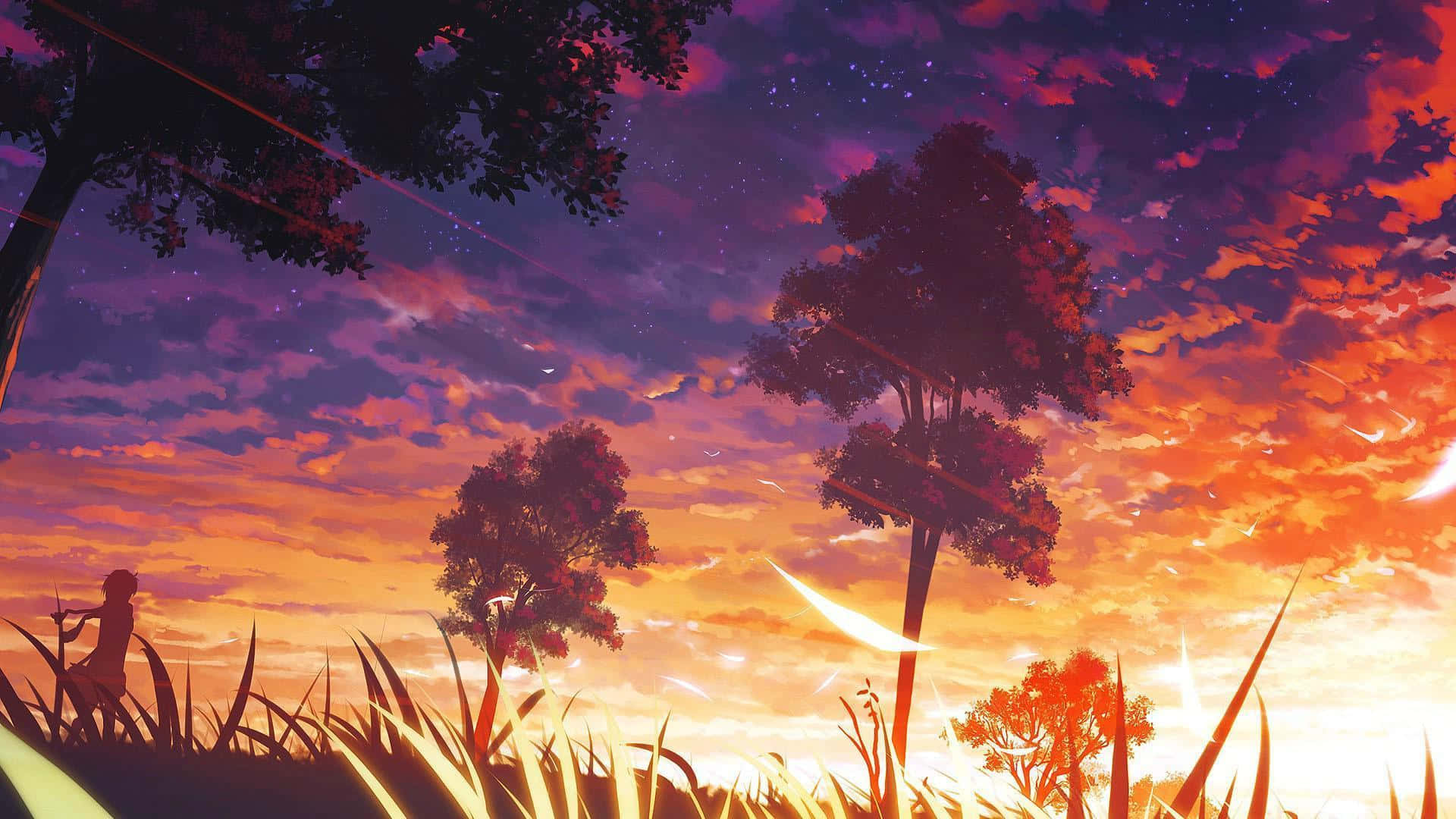 Anime Sunset 桌布 壁紙 — 一個孤獨的身影站在高高的草叢中，頭頂是充滿橙色、紫色和星光的暮色天空，樹木的剪影勾勒出地平線。