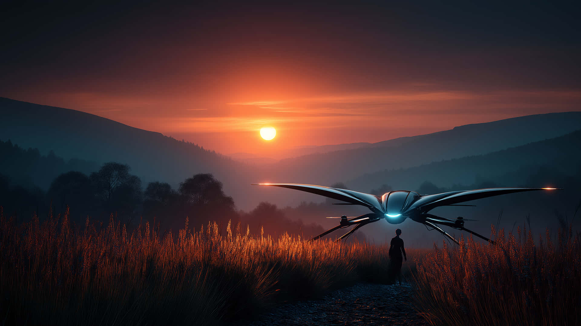 Winged UFO Encounter at Sunset in Grassy Landscape 壁紙 — 一個孤獨的身影站在高高的草叢中，看著一艘發光的未來飛行器在日落時分於霧氣繚繞的山巒上空降落。