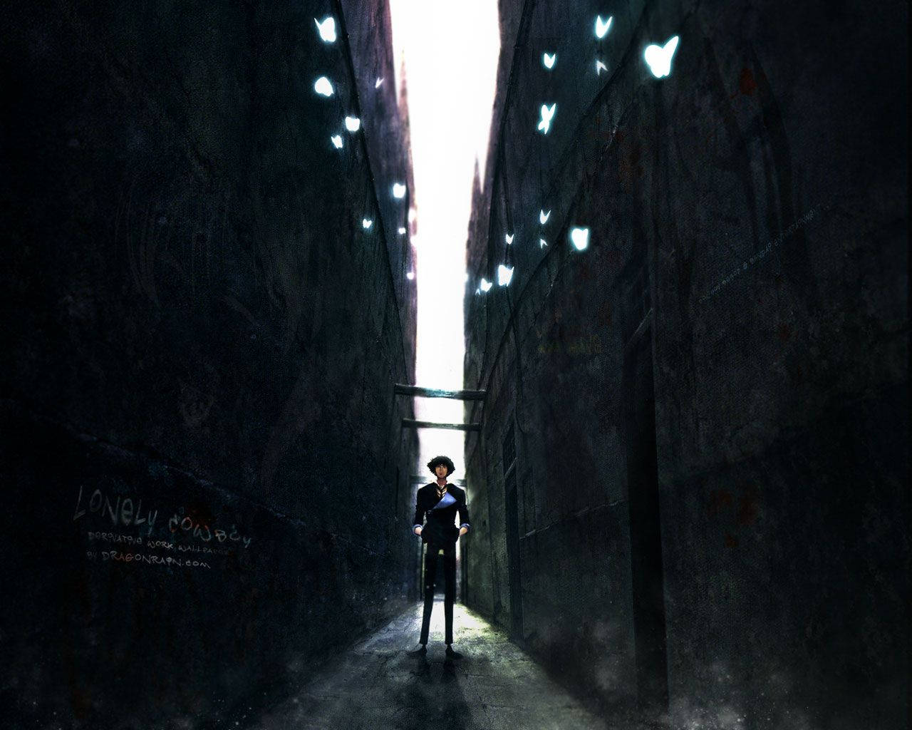 Cowboy Bebop 桌布 壁紙 — 一個孤獨的身影站在黑暗的小巷中，發光的蝴蝶向上飄向一道明亮的光束。