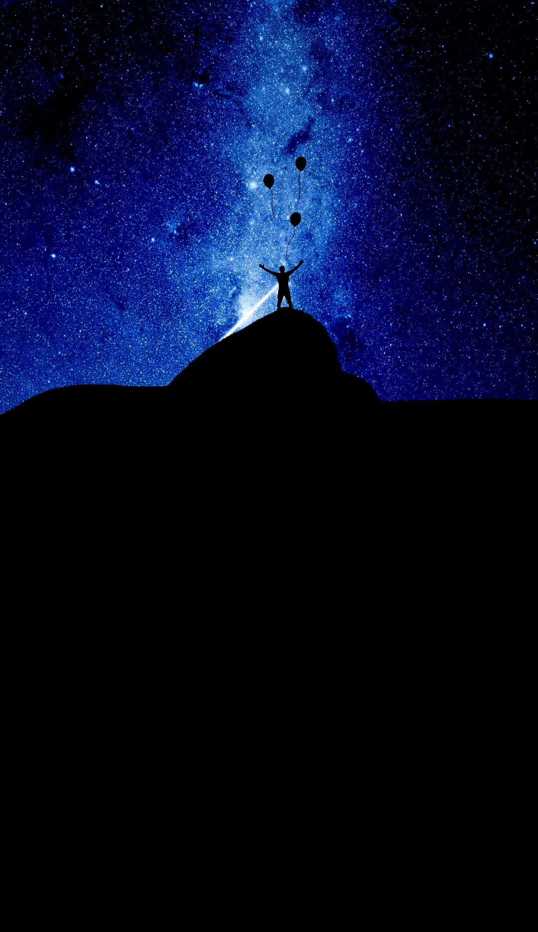 1920x1080 Amoled 桌布 壁紙 — 一個孤獨的身影站在黑暗的山頂上，將氣球釋放到充滿活力的星空夜空中。
