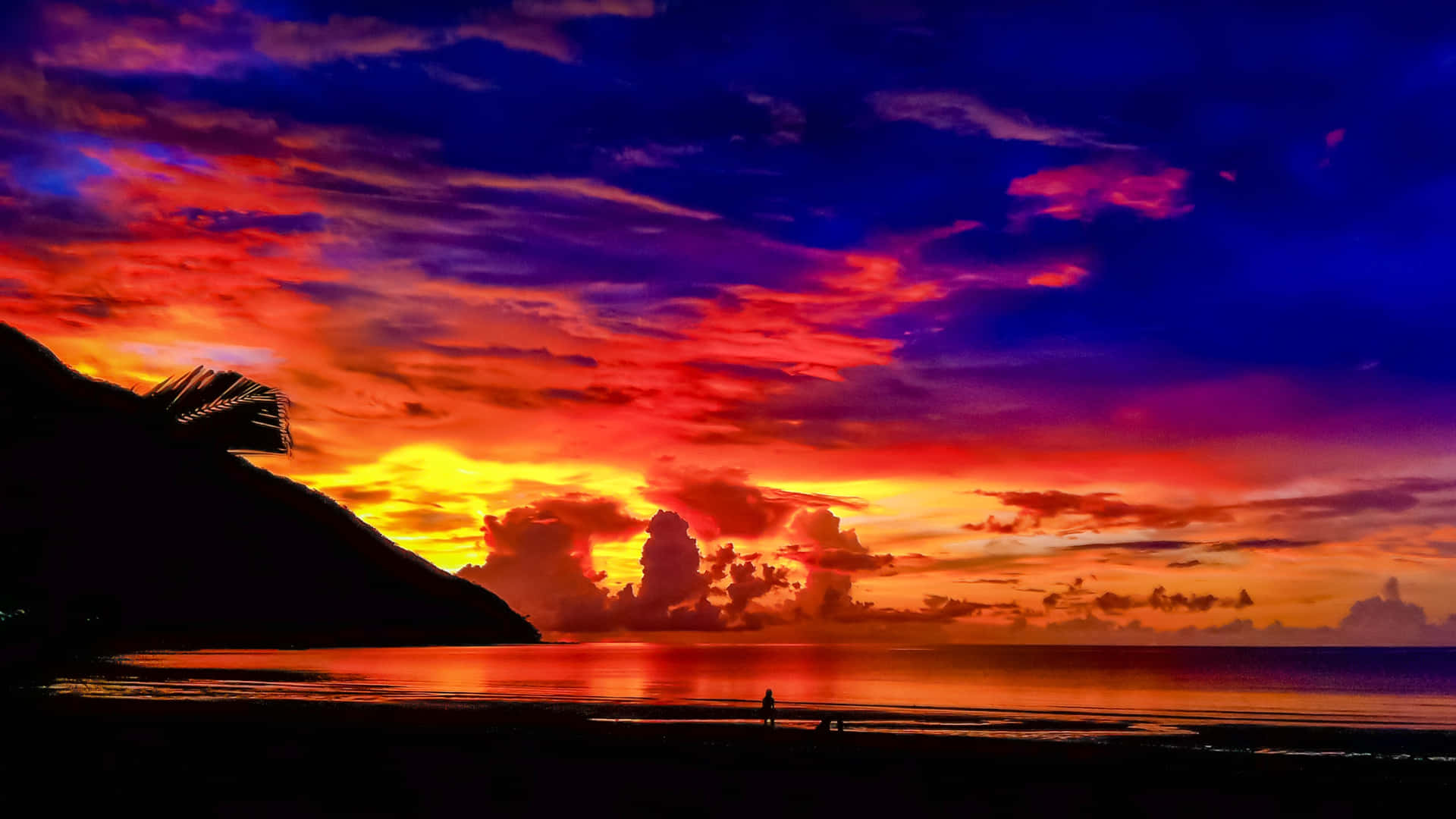 Palawan Sunset 壁紙 — 一個孤獨的身影站在黑暗的海灘上，熾熱的夕陽將天空染成鮮紅、橙色和深藍色，映照在平靜的海面上。