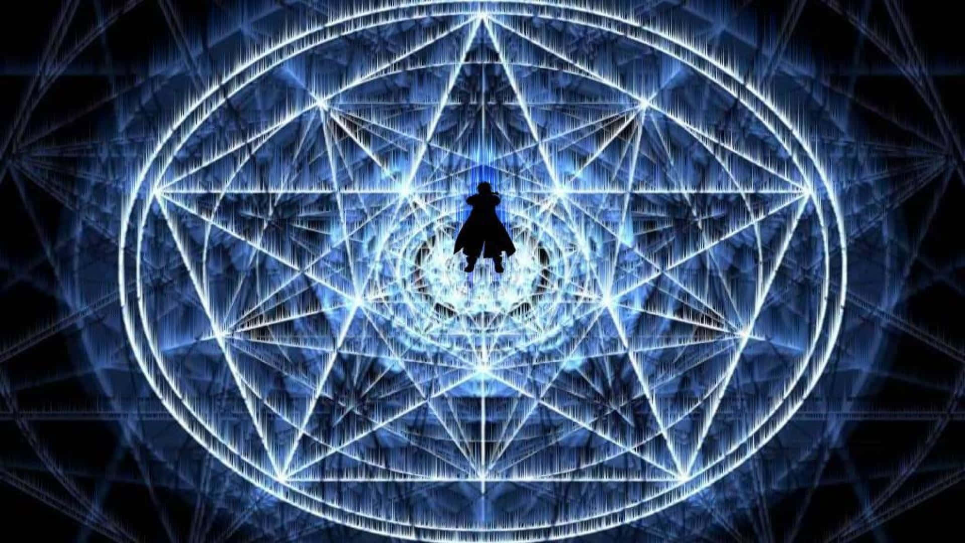 Alchemy 桌布 壁紙 — 一個孤獨的身影站在黑暗背景中發光的藍色幾何能量場的中心。