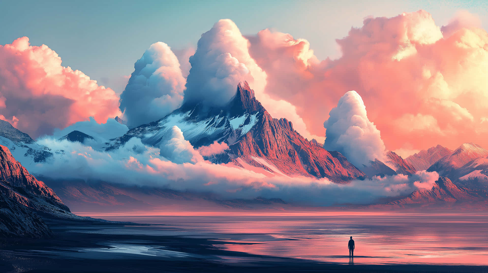 Surreal Landscape with Human-Shaped Clouds and Mountains 壁紙 — 一個孤獨的身影站在黑色沙灘上，面對著廣闊的粉紅色和藍色天空，在積雪的山峰和雲層上發光。