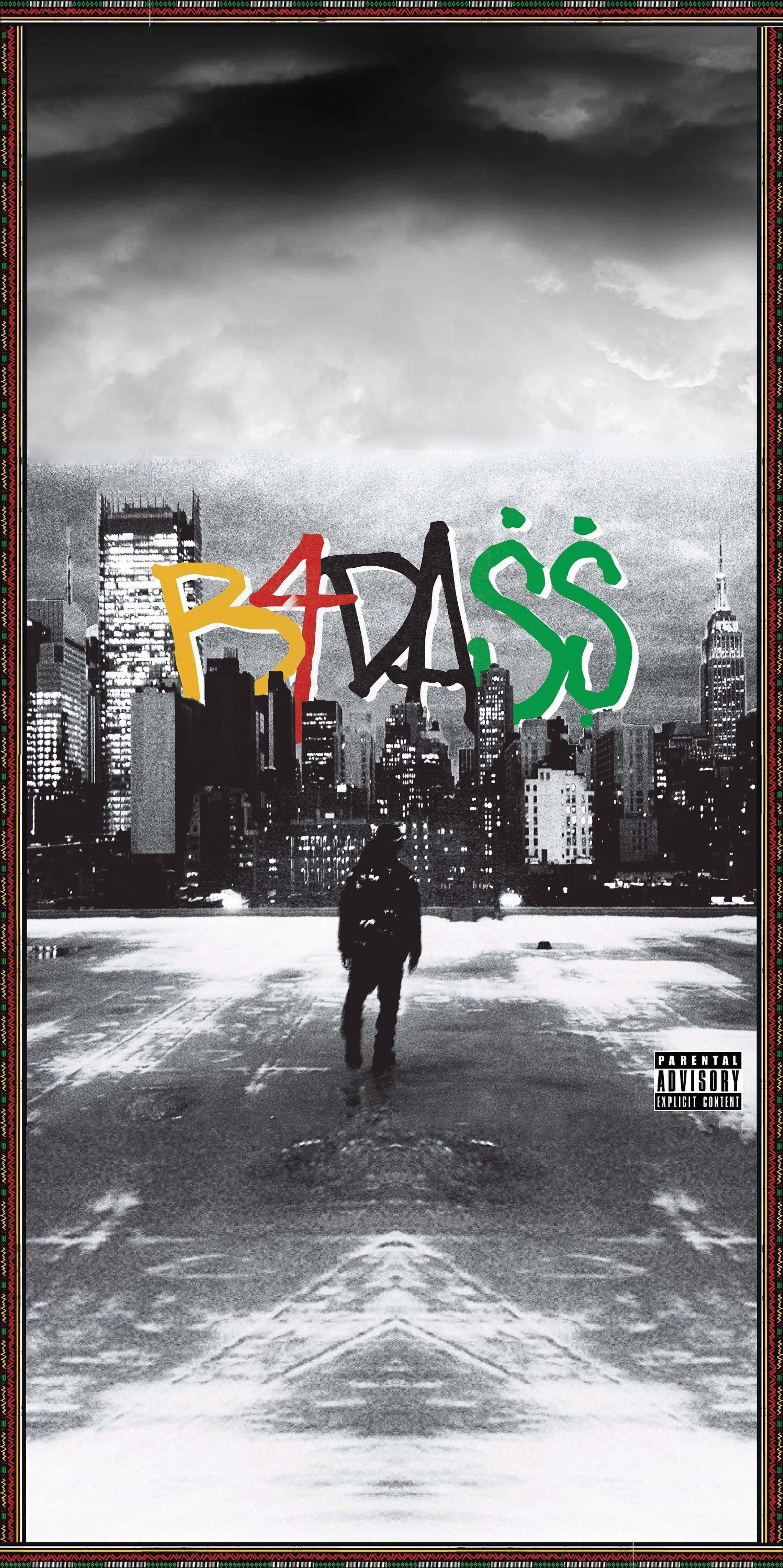Hip Hop Album Covers 桌布 壁紙 — 一個孤獨的身影背對鏡頭走過反光表面，朝向暴風雨天空下的單色城市天際線，帶有粗體塗鴉文字。
