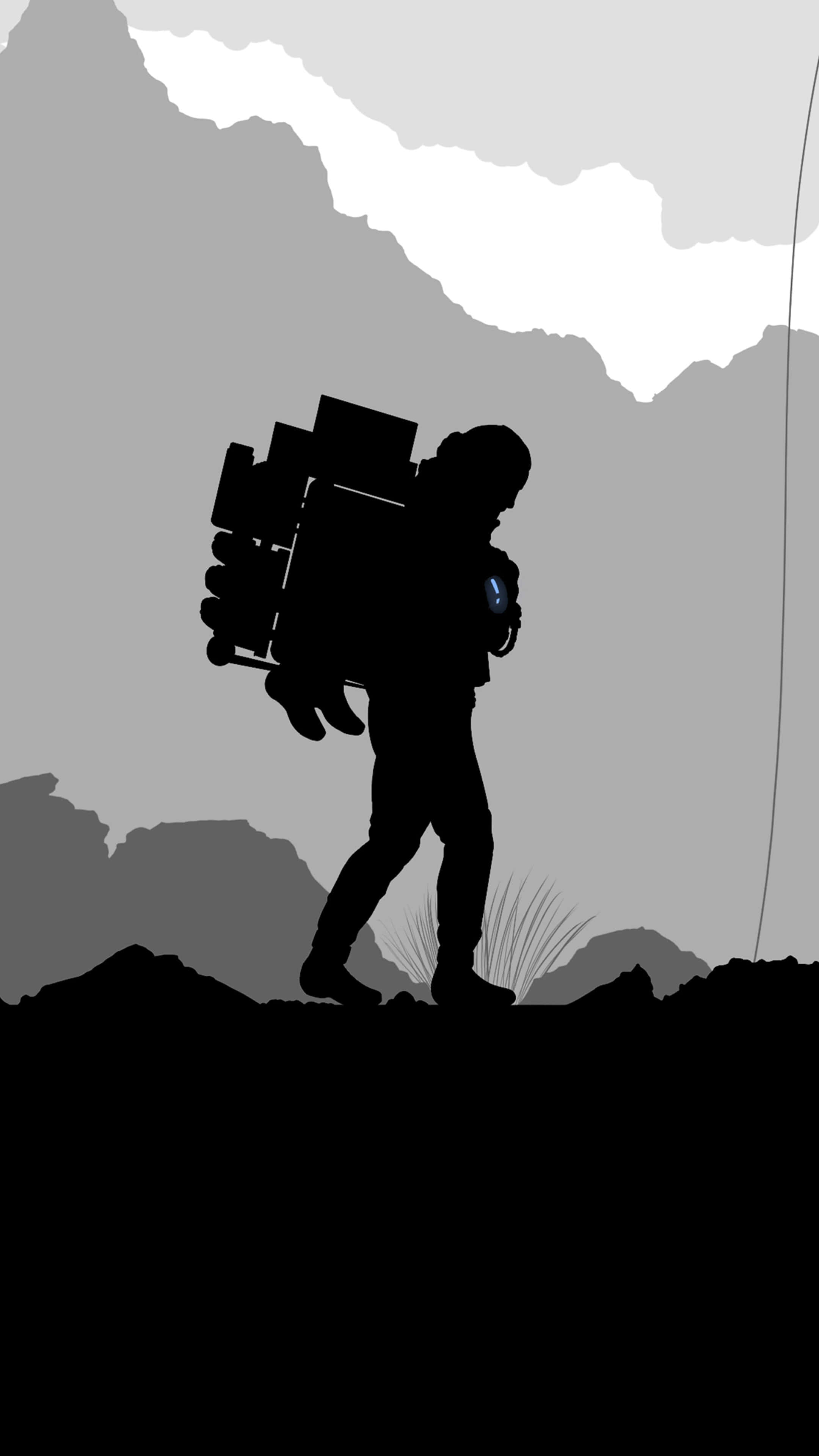 Death Stranding Mobile 桌布 壁紙 — 一個孤獨的身影背負重物，在陰天之下穿越荒涼的山地地形。