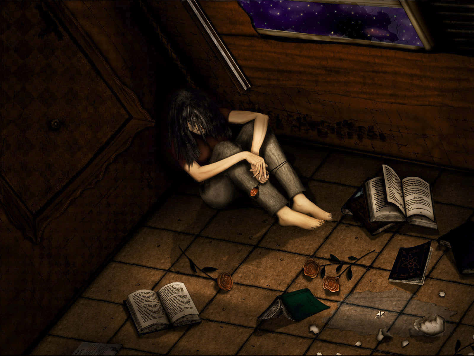 Depression Girl 桌布 壁紙 — 一個孤獨的身影蜷縮在昏暗的閣樓角落，周圍散落著書籍和枯萎的玫瑰，上方是星光點點的窗戶。