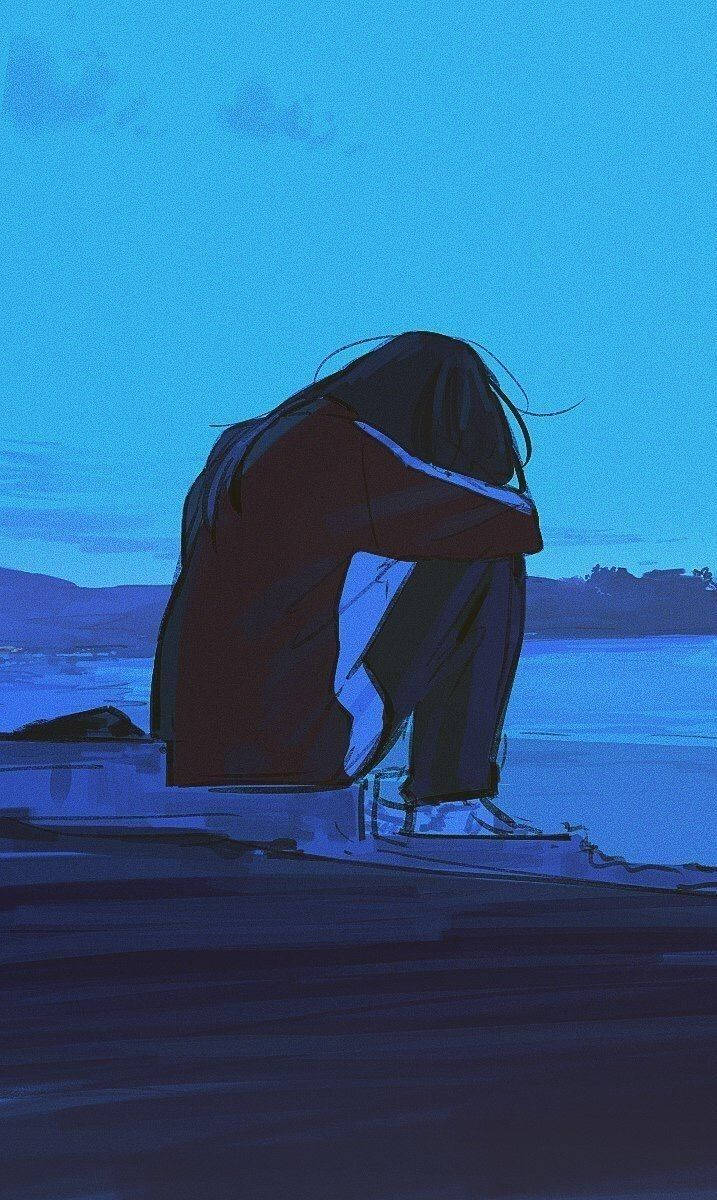 憂鬱少女美學 桌布 壁紙 — 一個孤獨的身影蜷縮在水邊，頭頂是廣闊的藍色暮色天空，籠罩在憂鬱的孤獨之中。
