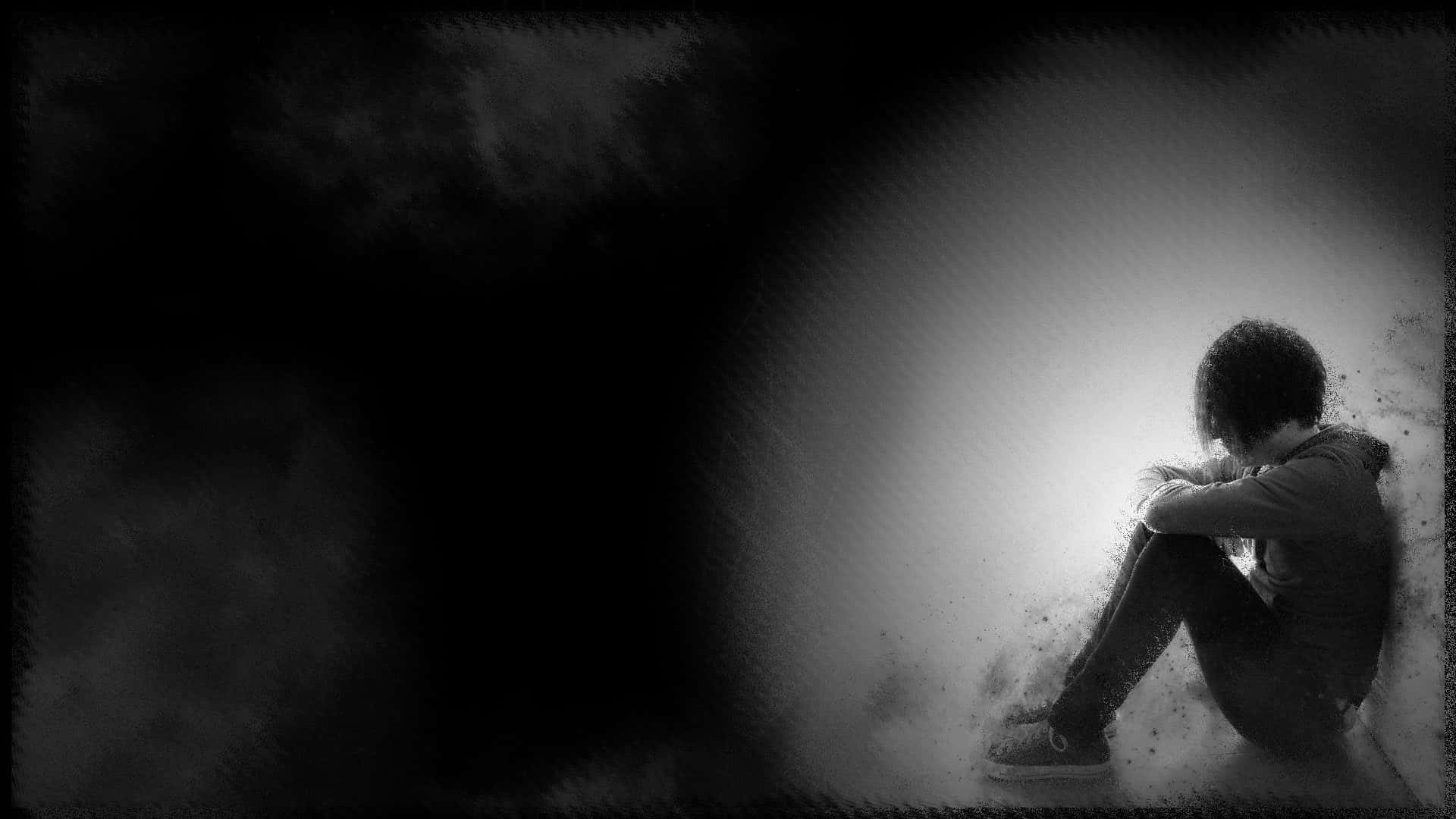 Alone Boy 桌布 壁紙 — 一個孤獨的身影蜷縮在陰影中，被柔和的光芒照亮，背景是深色紋理。