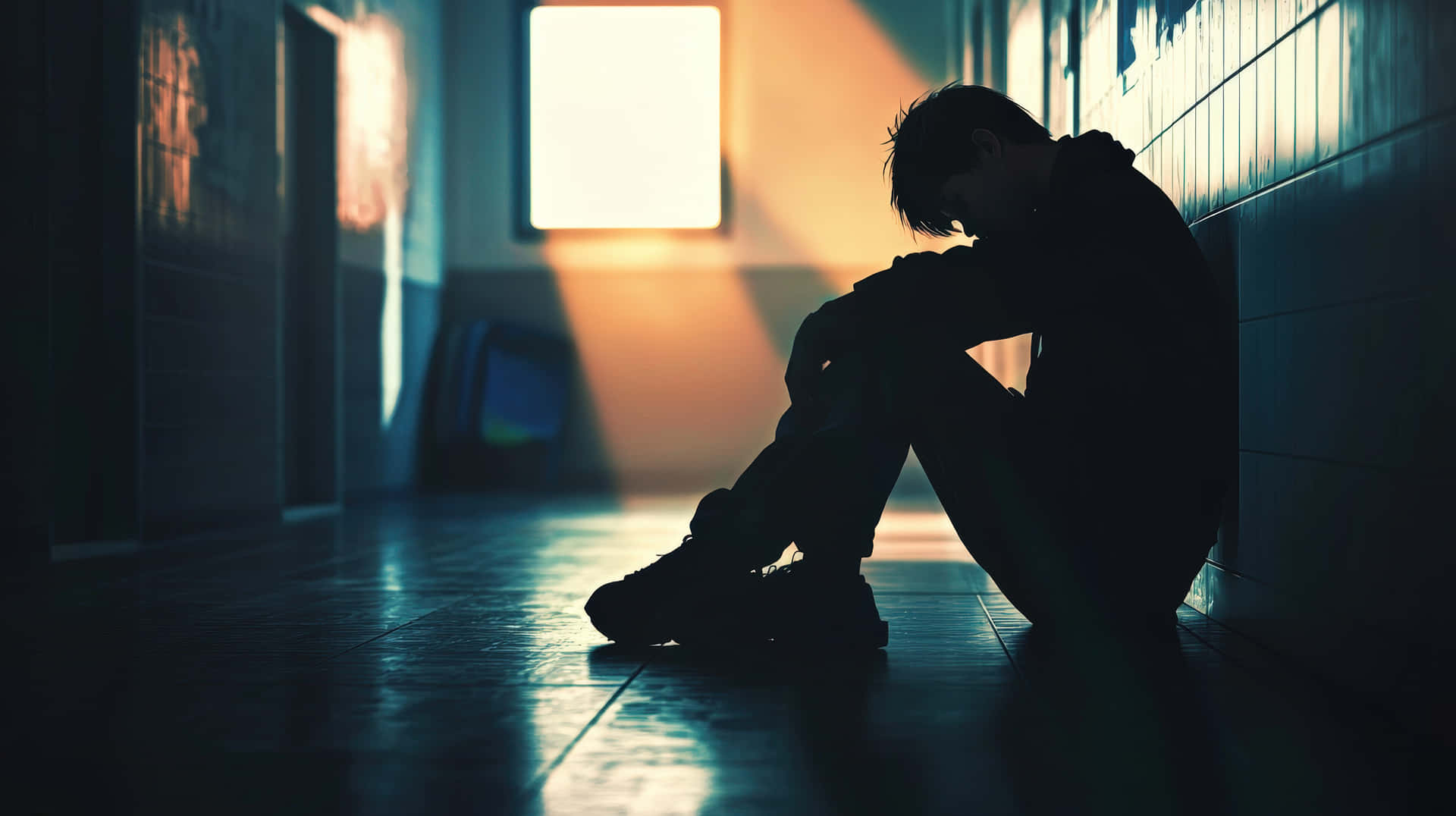Depressed Teen Sitting Alone in a Dimly Lit Hallway 壁紙 — 一個孤獨的身影蜷縮在陰暗的走廊裡，只有一扇明亮的窗戶投射出溫暖的光束。