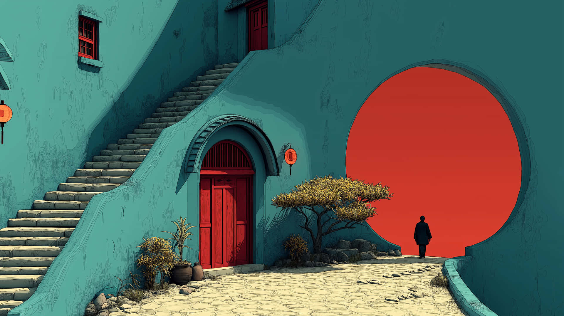 Minimalist Ghibli-Style Architectural Scene with Figure and Red Archway 壁紙 — 一個孤獨的身影走向一個巨大的紅色圓形傳送門，設置在青綠色的牆壁中，旁邊是蜿蜒的樓梯和紅色的門。