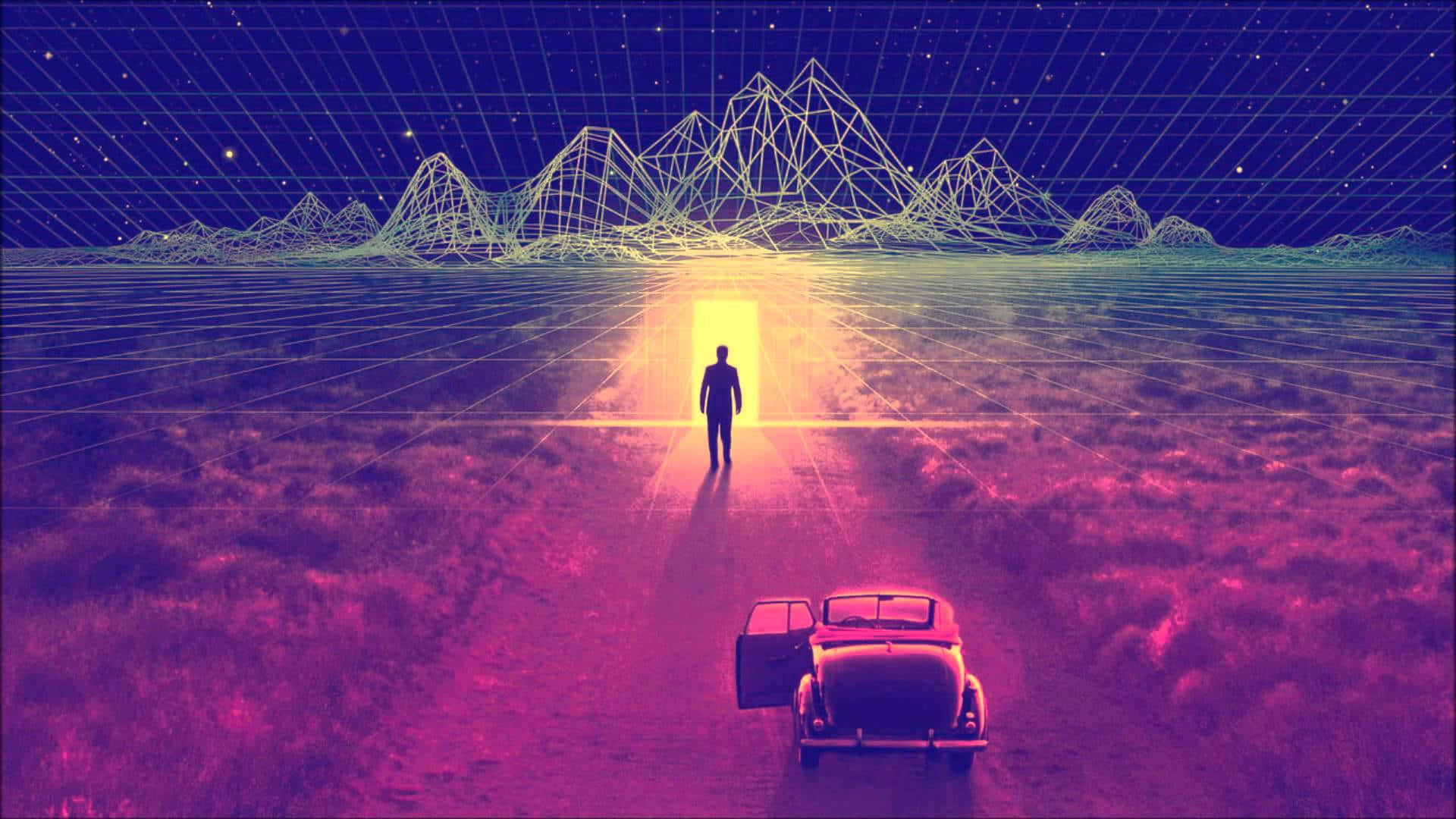 80's 桌布 壁紙 — 一個孤獨的身影走向一個發光的傳送門，身處一個充滿霓虹燈的數位景觀中，附近停著一輛復古車。