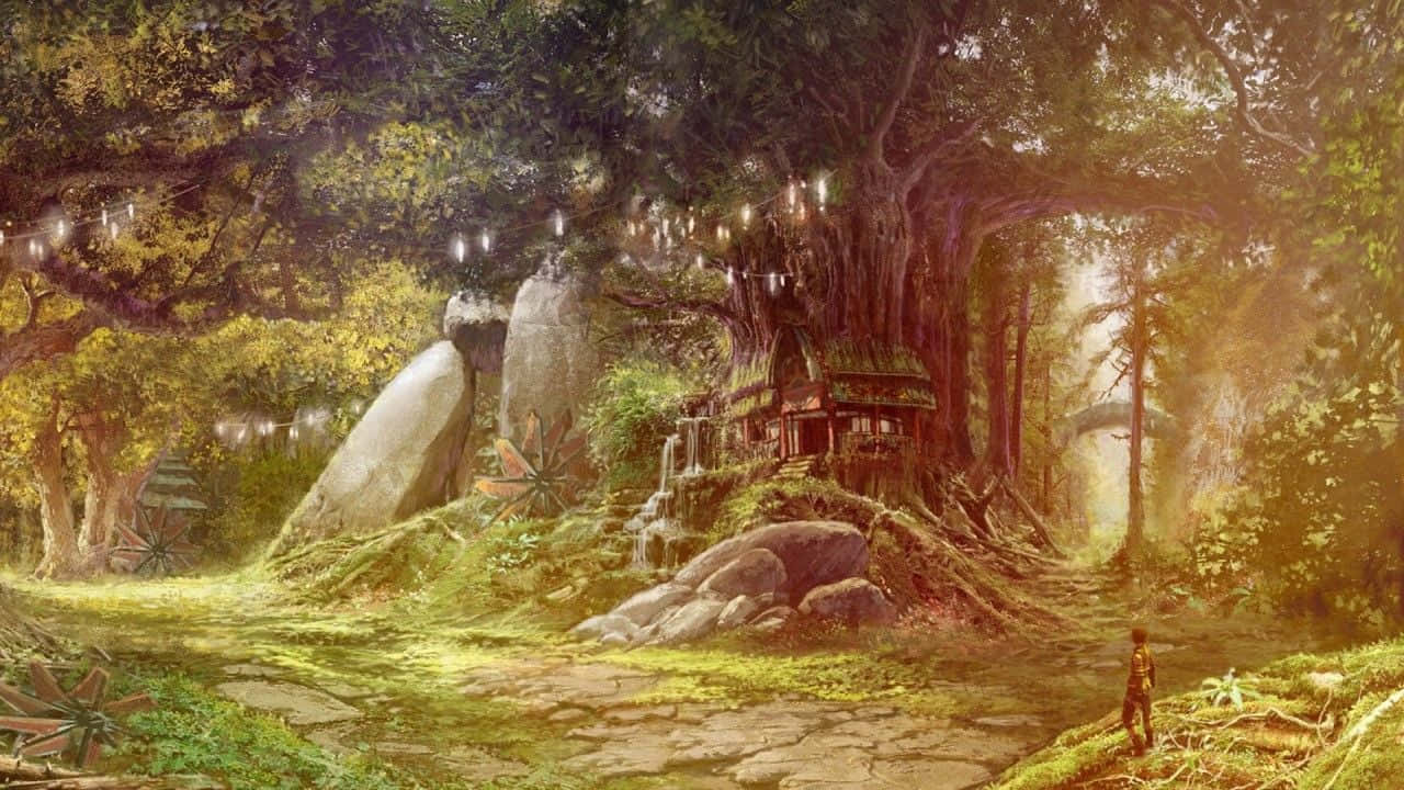 魔法動圖 桌布 壁紙 — 一個孤獨的身影走向一個神秘樹屋，它隱藏在陽光斑駁、閃爍著光芒的魔法森林中。