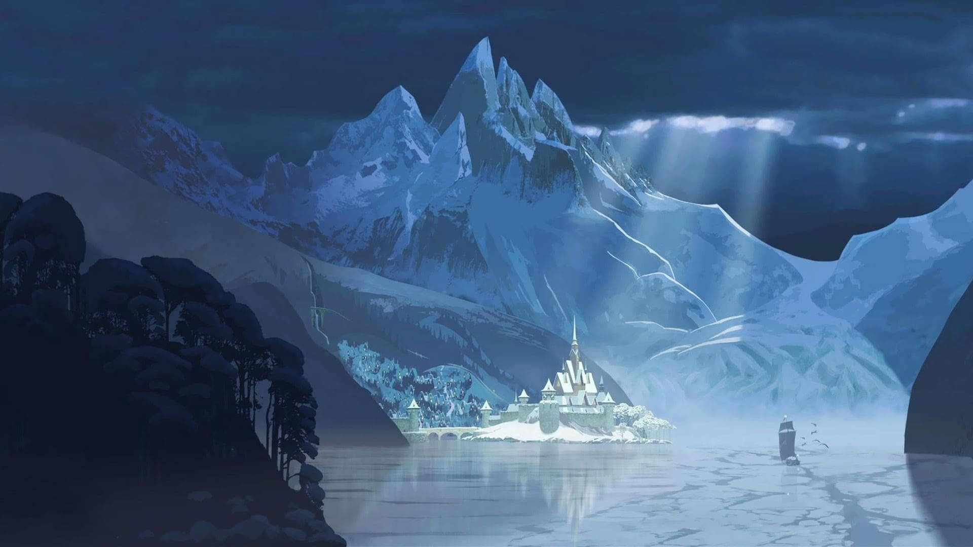 Frozen Castle 桌布 壁紙 — 一個孤獨的身影走向一座發光的城堡，城堡坐落在冰封的山脈中，天空陰暗，陽光穿透雲層。