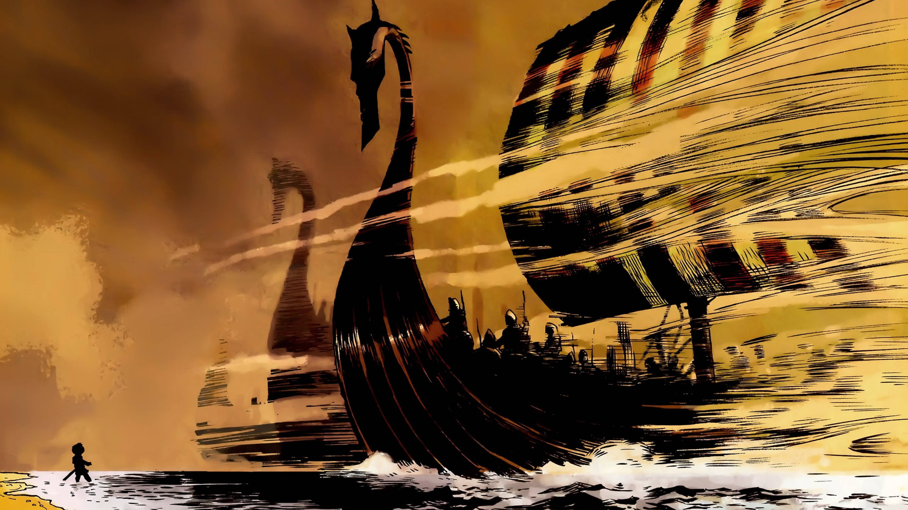 Viking Ship 桌布 壁紙 — 一個孤獨的身影走向一艘巨大的維京長船，船頭有龍頭，在金色天空下的風暴海洋中航行。