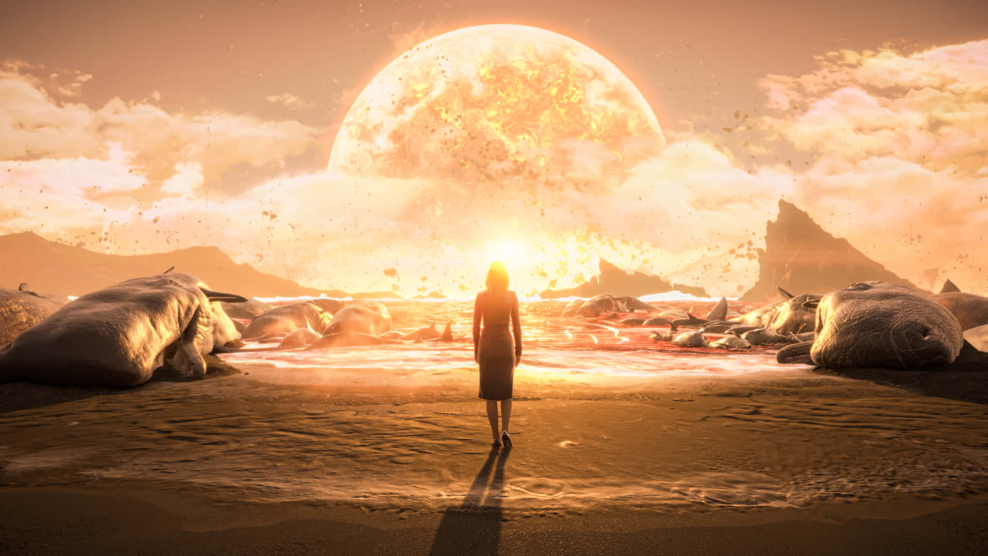 Amelie Death Stranding Wide 壁紙 — 一個孤獨的身影走向一輪巨大的發光月亮，月亮從一個超現實的沙漠景觀中升起，景觀中有巨大的鯨魚骨架。