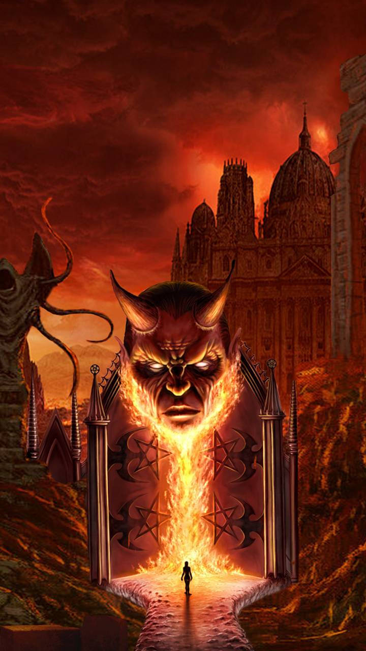 Hell 桌布 壁紙 — 一個孤獨的身影走向一道燃燒的惡魔之門，背景是燃燒的大教堂，天空是地獄般的紅色。