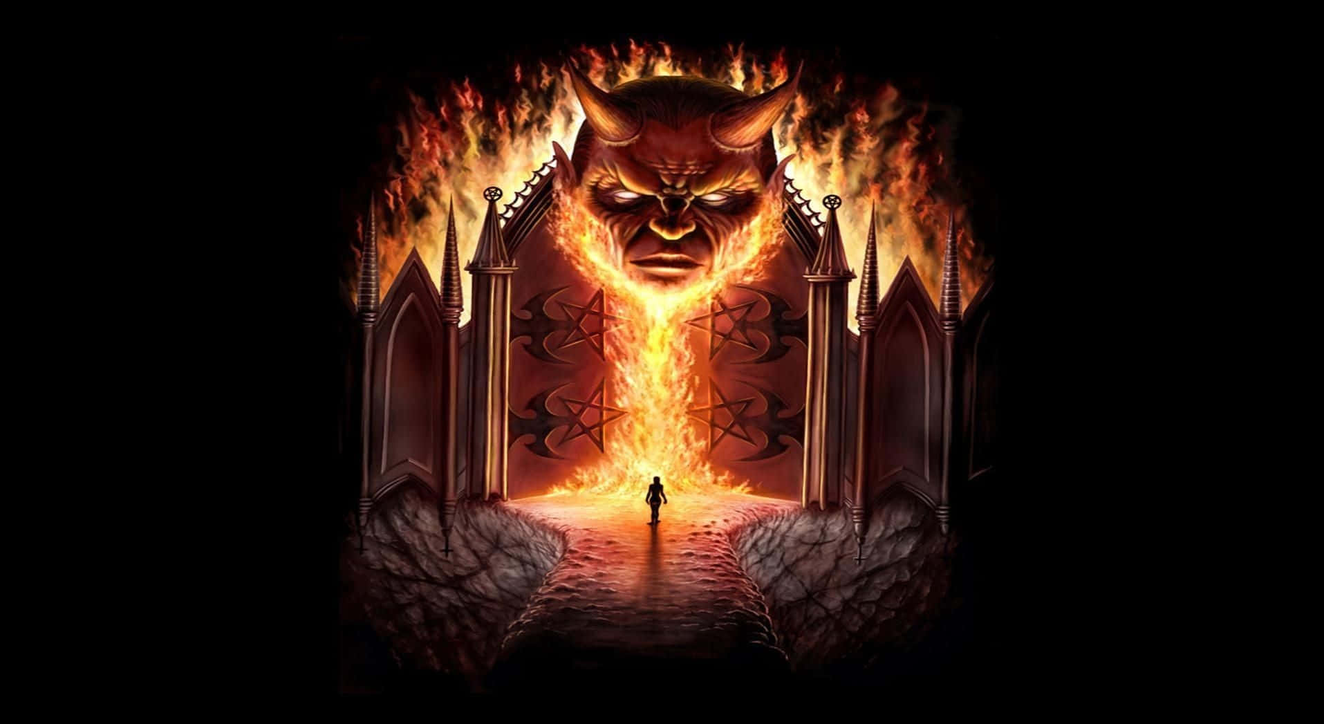 惡魔 桌布 壁紙 — 一個孤獨的身影走向一道燃燒的惡魔之門，上方有一個巨大的有角面孔，在黑暗的石尖塔映襯下發光。