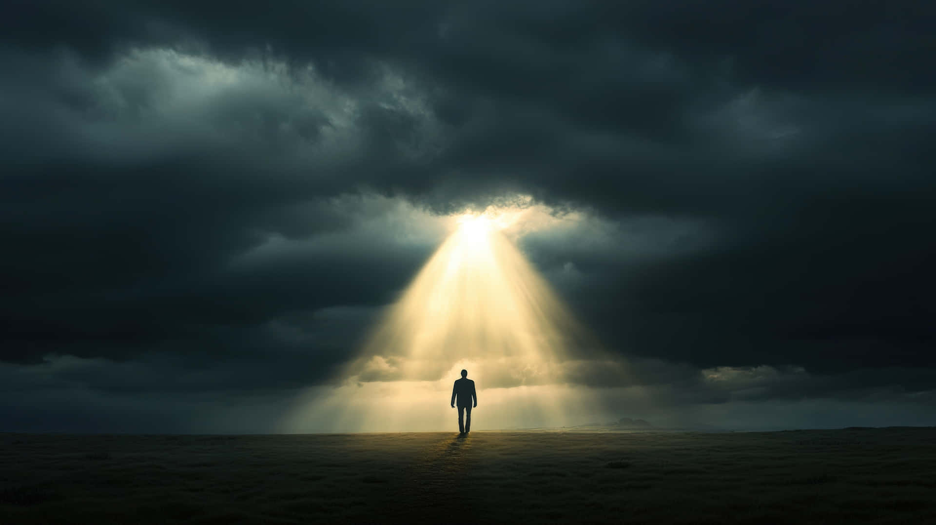 Lone Figure Standing Beneath a Divine Light Beam 壁紙 — 一個孤獨的身影走向一道穿透黑暗暴風雲、照耀在無盡田野上的光芒。