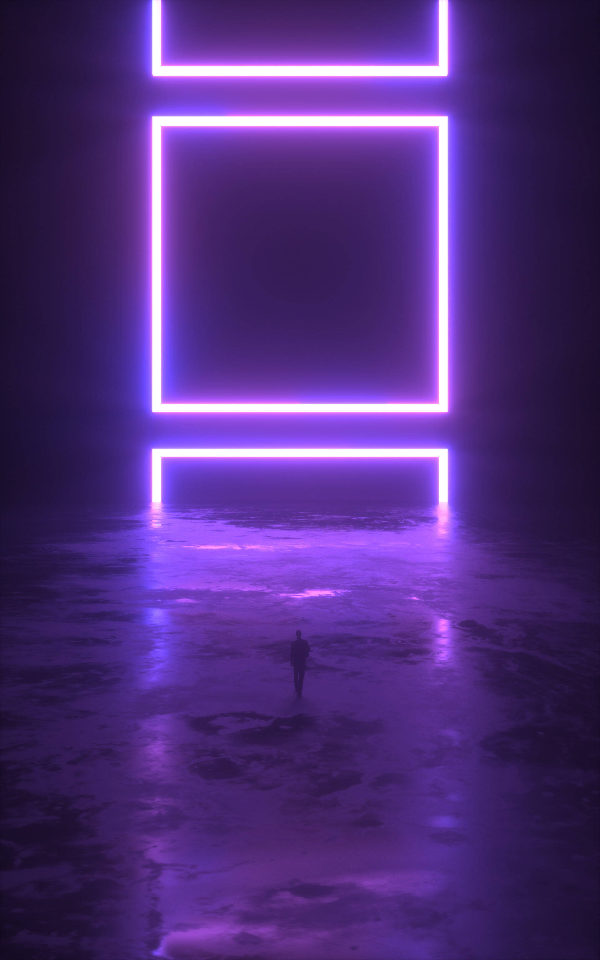 Dark Neon 桌布 壁紙 — 一個孤獨的身影走向懸浮在迷霧黑暗虛空中的發光紫色霓虹長方形。