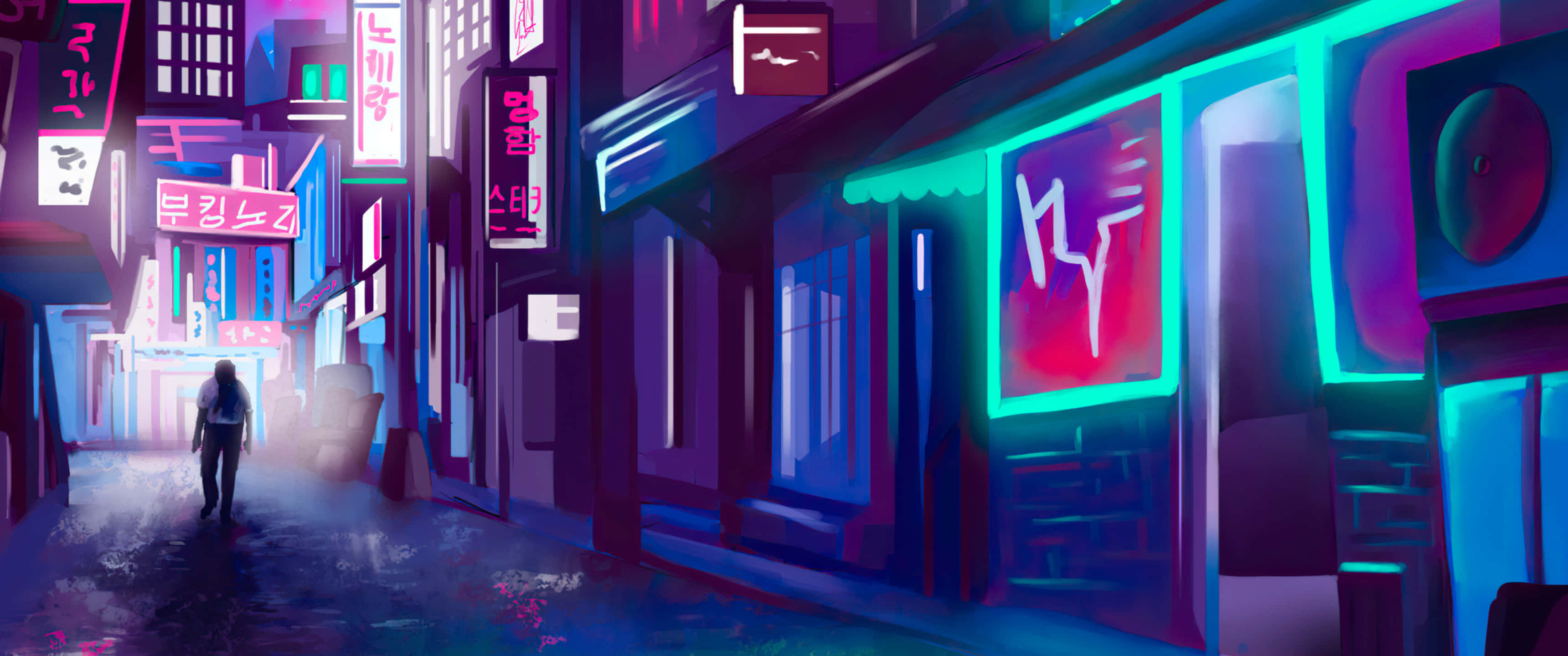 3440x1440 Neon 桌布 壁紙 — 一個孤獨的身影走在一條充滿霓虹燈的 cyberpunk 小巷中，閃爍著鮮豔的粉紅色、藍色和紫色招牌，倒映在濕漉漉的路面上。