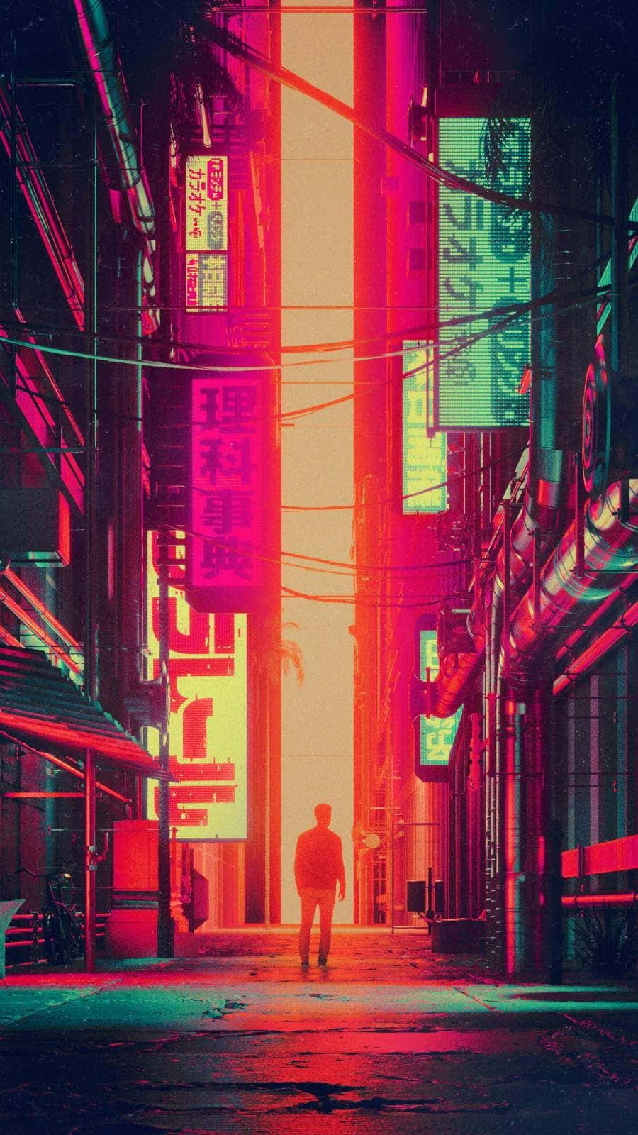 桌布 壁紙 — 一個孤獨的身影走在一條充滿霓虹燈的 cyberpunk 小巷中，在明亮的垂直光束下，紅色和綠色的招牌閃閃發光。