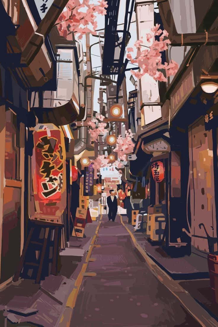 動漫 桌布 壁紙 — 一個孤獨的身影走在一條狹窄的日本小巷中，兩旁種滿櫻花和發光的燈籠。