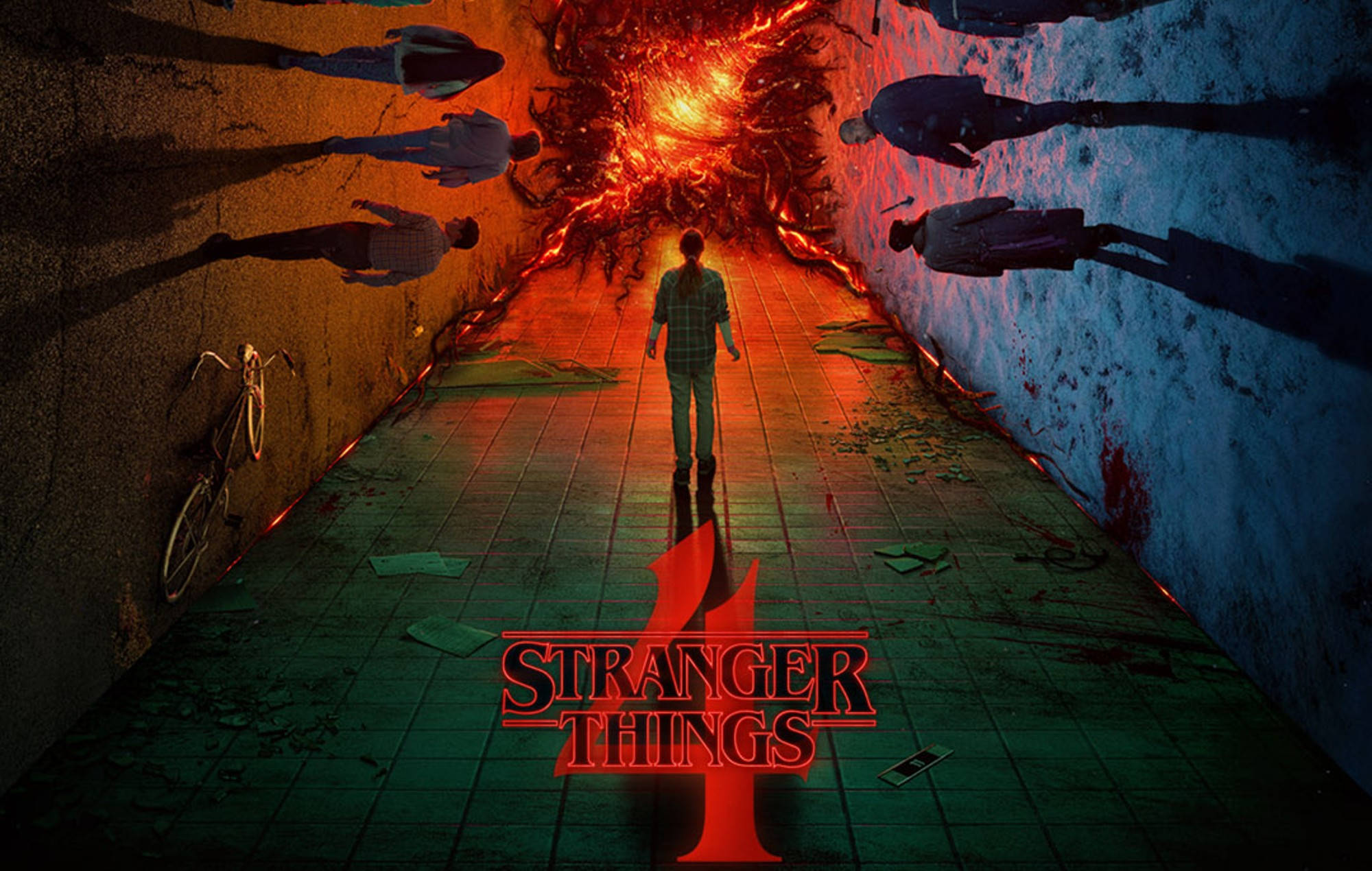 Stranger Things 4 桌布 壁紙 — 一個孤獨的身影走在一條瓷磚走廊上，走廊被火紅和冰藍色調一分為二，陰影般的人物在頭頂若隱若現。