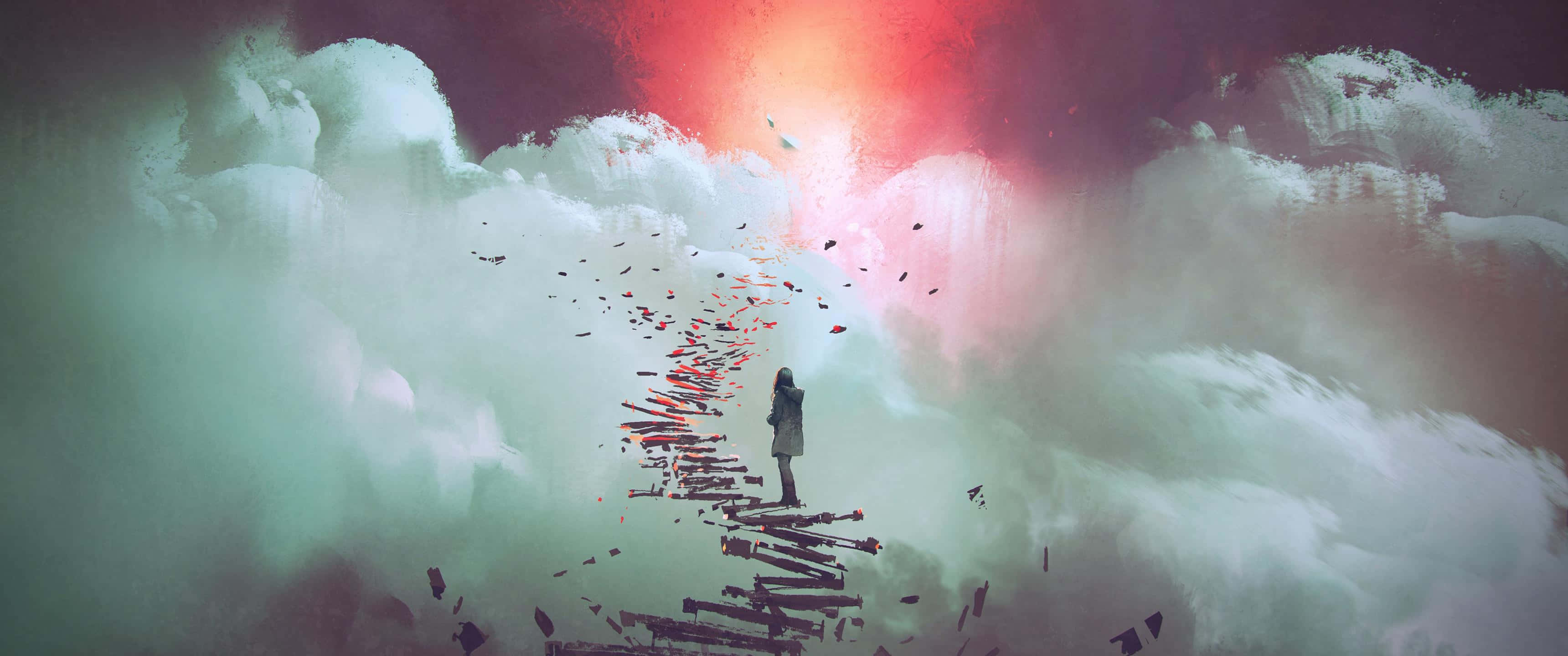 Stairway To Heaven 桌布 壁紙 — 一個孤獨的身影走在一條破碎的小徑上，穿過旋轉的雲層，走向一輪燦爛的紅日。