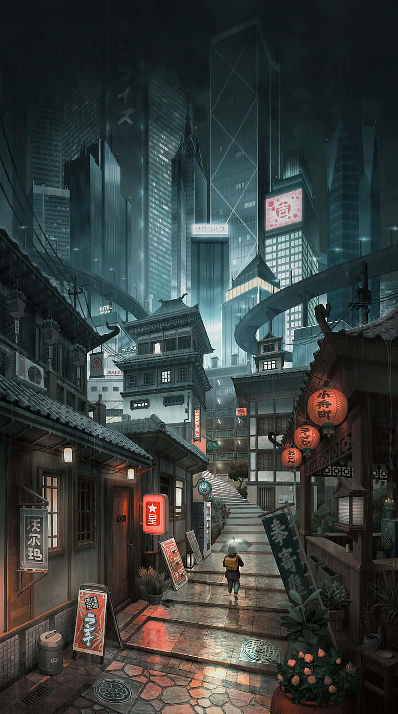 東京 桌布 壁紙 — 一個孤獨的身影走在一條被雨水浸濕的小巷中，傳統木建築與高聳的霓虹燈摩天大樓在憂鬱的暮色天空下交匯。