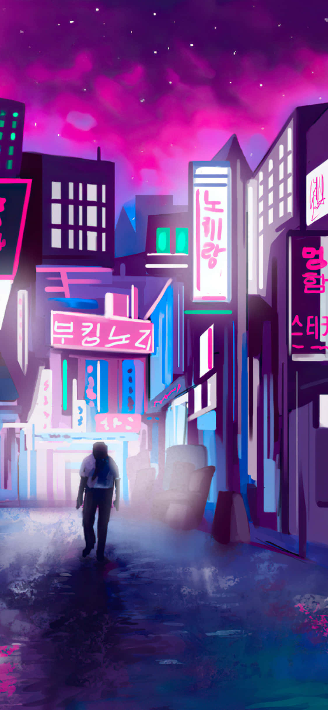 Retro Futurism 桌布 壁紙 — 一個孤獨的身影走在一條被雨水浸濕、霓虹燈照亮的小巷中，上方是充滿活力的紫色天空，掛著發光的韓文招牌。