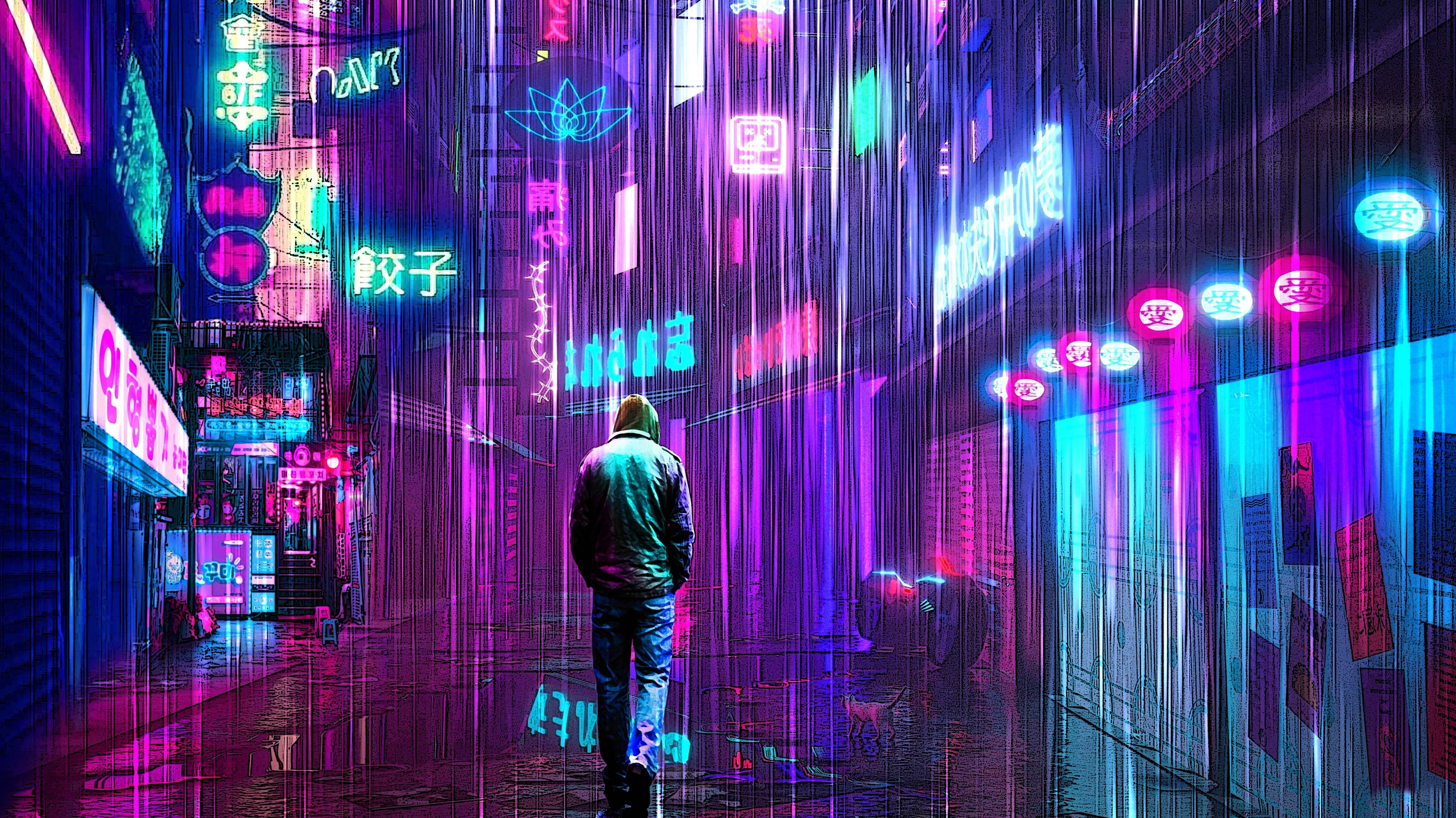 桌布 壁紙 — 一個孤獨的身影走在一條被雨水浸濕、霓虹燈閃爍的賽博龐克小巷中，充滿活力的紫色和藍色招牌閃閃發光。