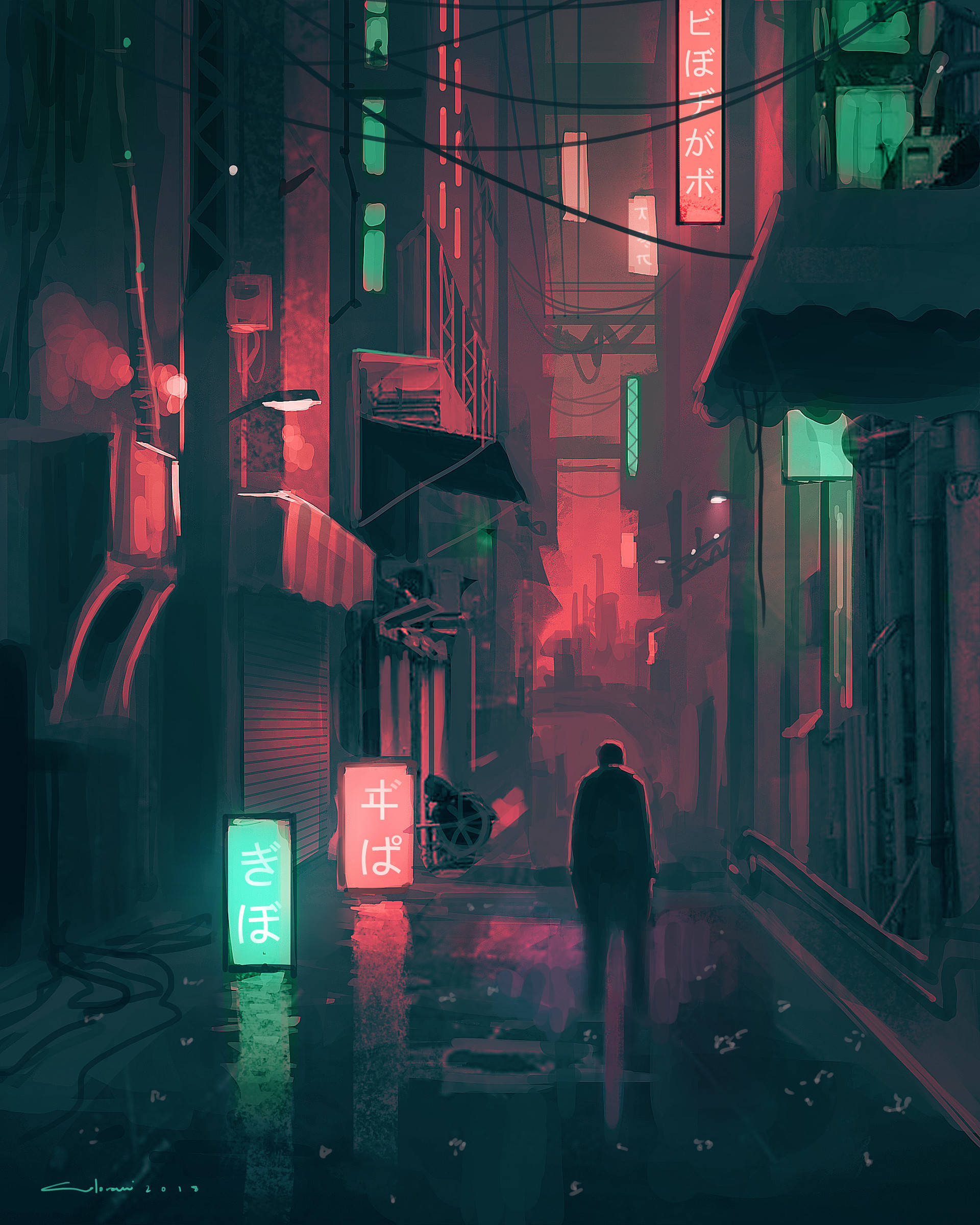 Alone 桌布 壁紙 — 一個孤獨的身影走在一條被雨水浸濕的霓虹小巷中，小巷在賽博龐克城市景觀中閃爍著紅色和綠色的標誌。