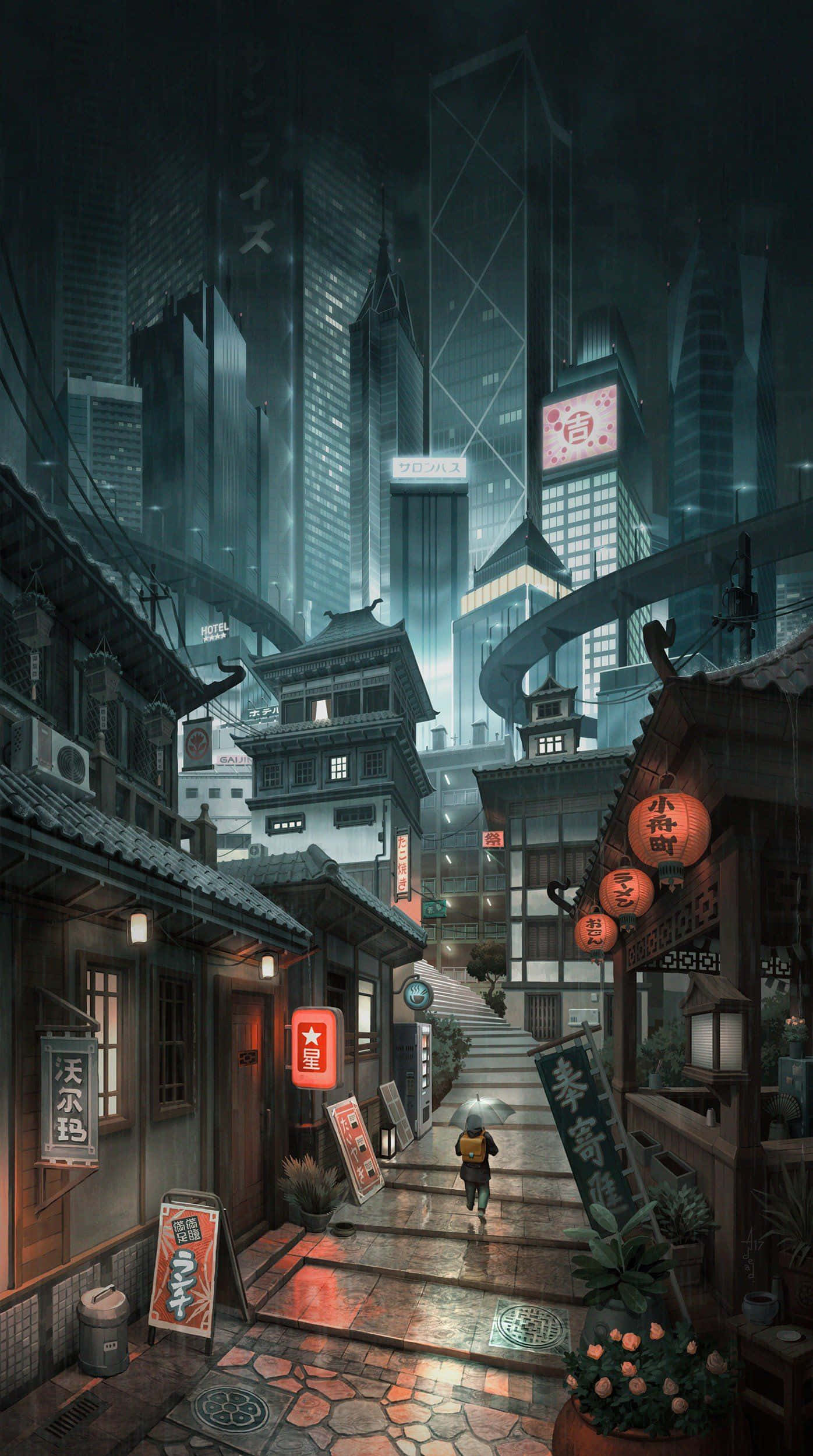 Japanese Phone 桌布 壁紙 — 一個孤獨的身影走在一條被雨水浸濕的小巷中，傳統的日本燈籠溫暖地發光，映襯著高聳的未來主義摩天大樓。