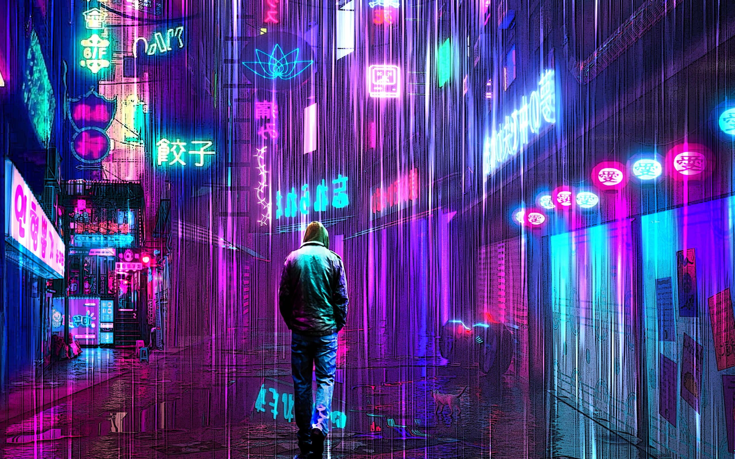 Rain Desktop 桌布 壁紙 — 一個孤獨的身影走在一條被雨水浸濕的霓虹小巷中，鮮豔的粉紅、紫色和藍色招牌在潮濕的路面上反射出光芒。