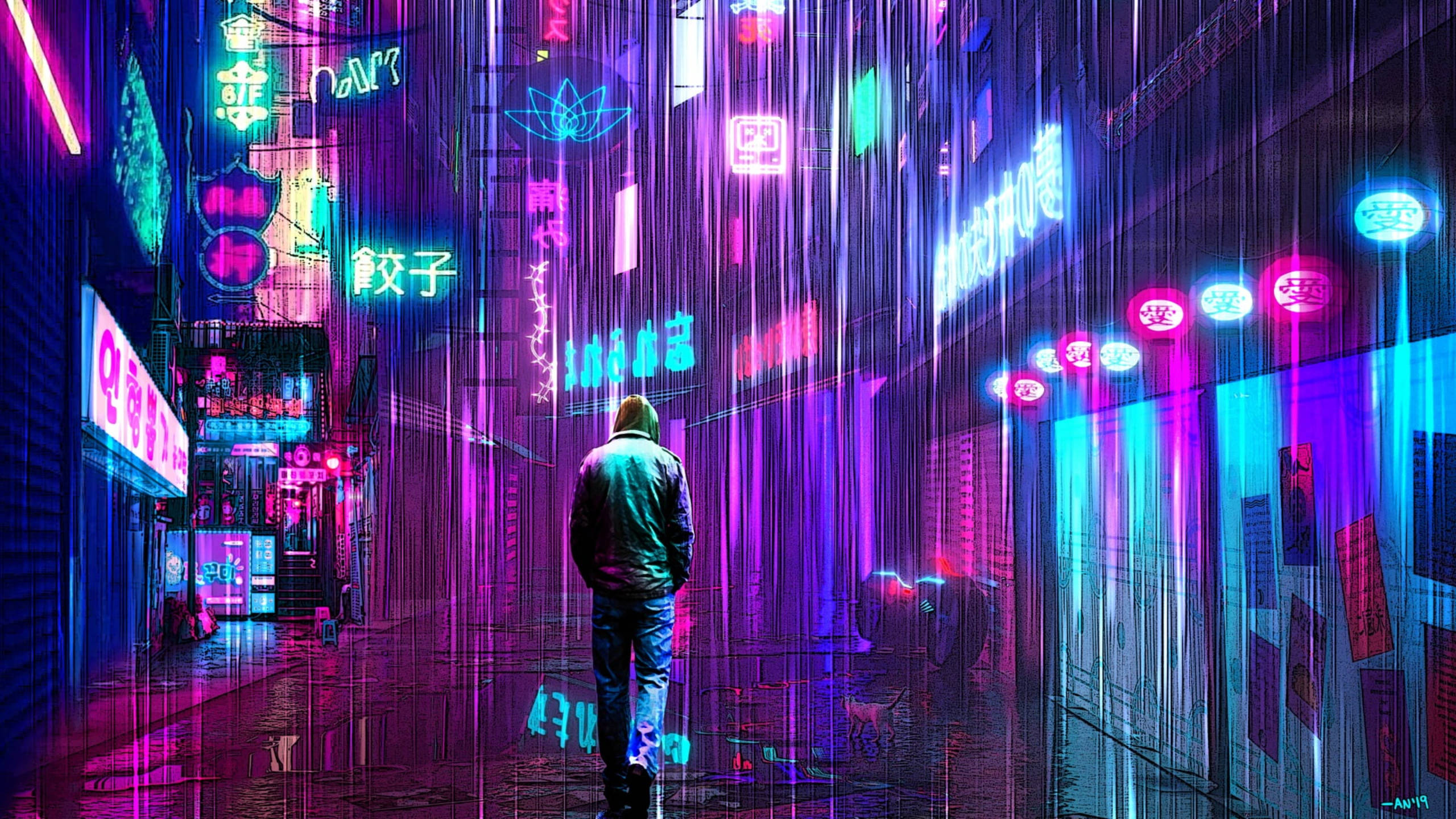 霓虹美學 桌布 壁紙 — 一個孤獨的身影走在一條被雨淋濕、霓虹燈閃爍的小巷中，鮮豔的紫色、粉紅色和藍色招牌在潮濕的路面上反射出光芒。