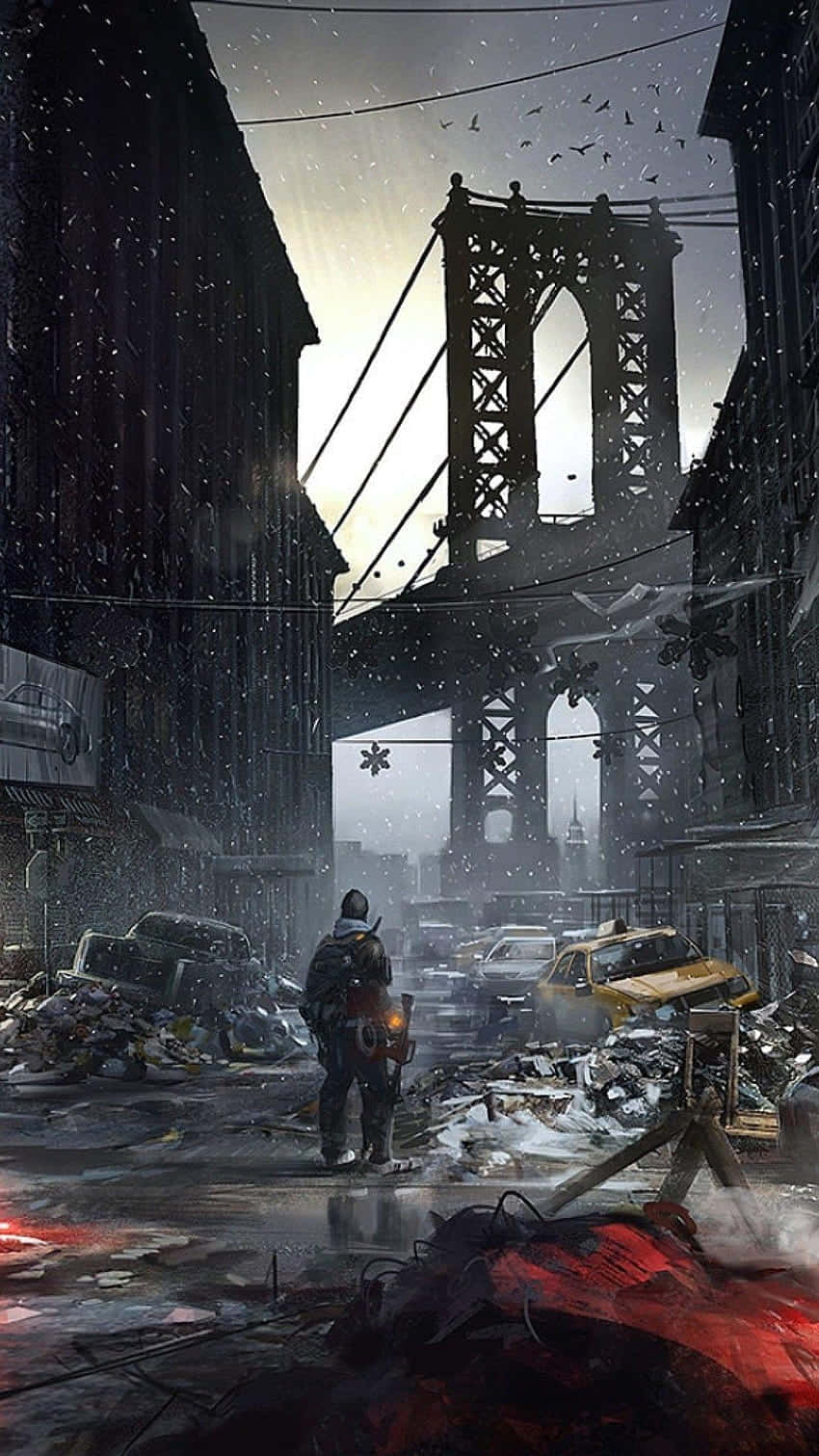 The Division 2 4K 桌布 壁紙 — 一個孤獨的身影走在一條被雪覆蓋、毀壞的城市街道上，下方是高聳的橋樑，鳥兒在頭頂飛翔。
