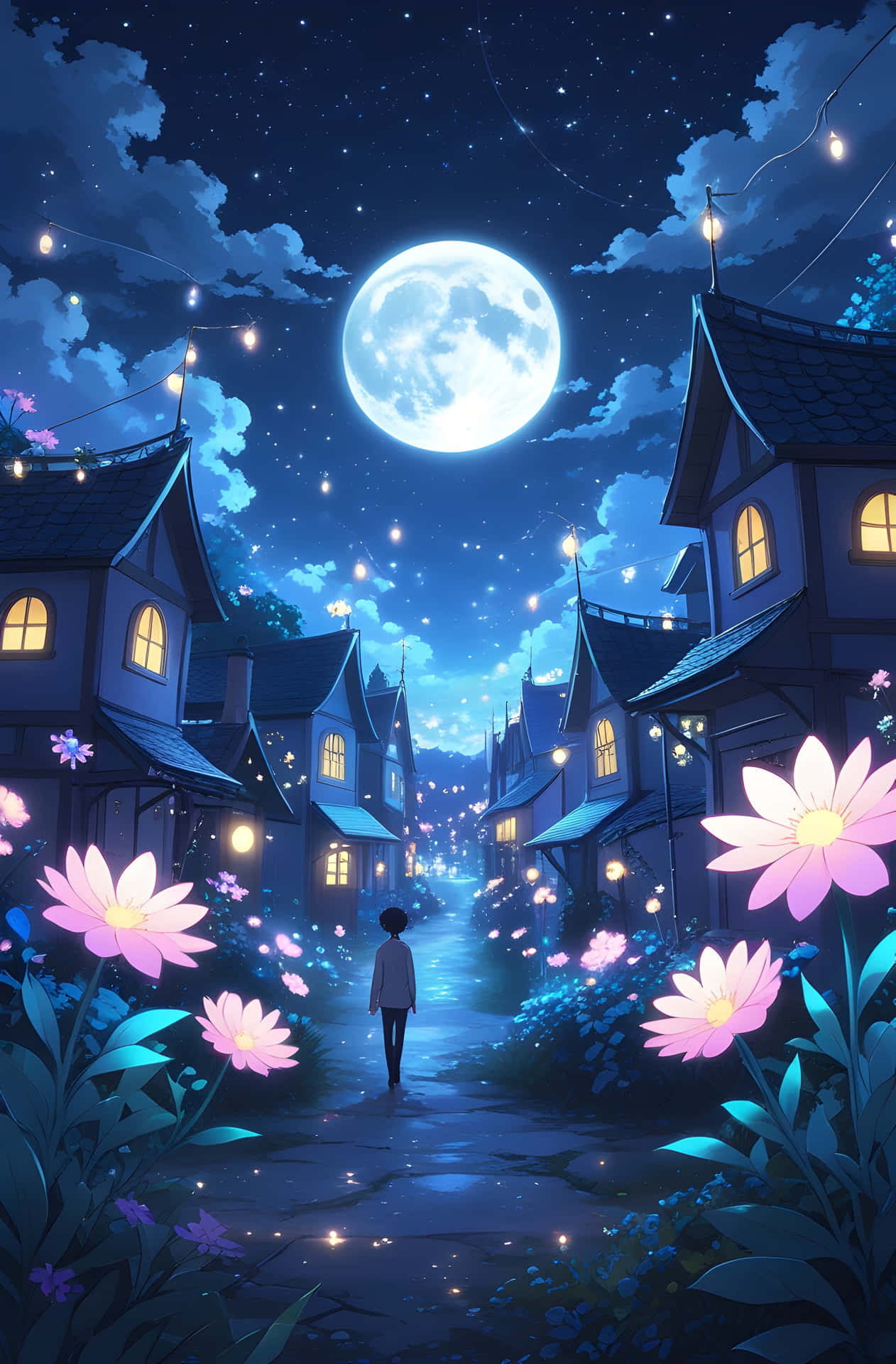 Luminous Moonlit Alleyway 壁紙 — 一個孤獨的身影走在月光下的鵝卵石小徑上，兩旁是發光的粉紅色花朵和古雅的房屋，上方是星空。