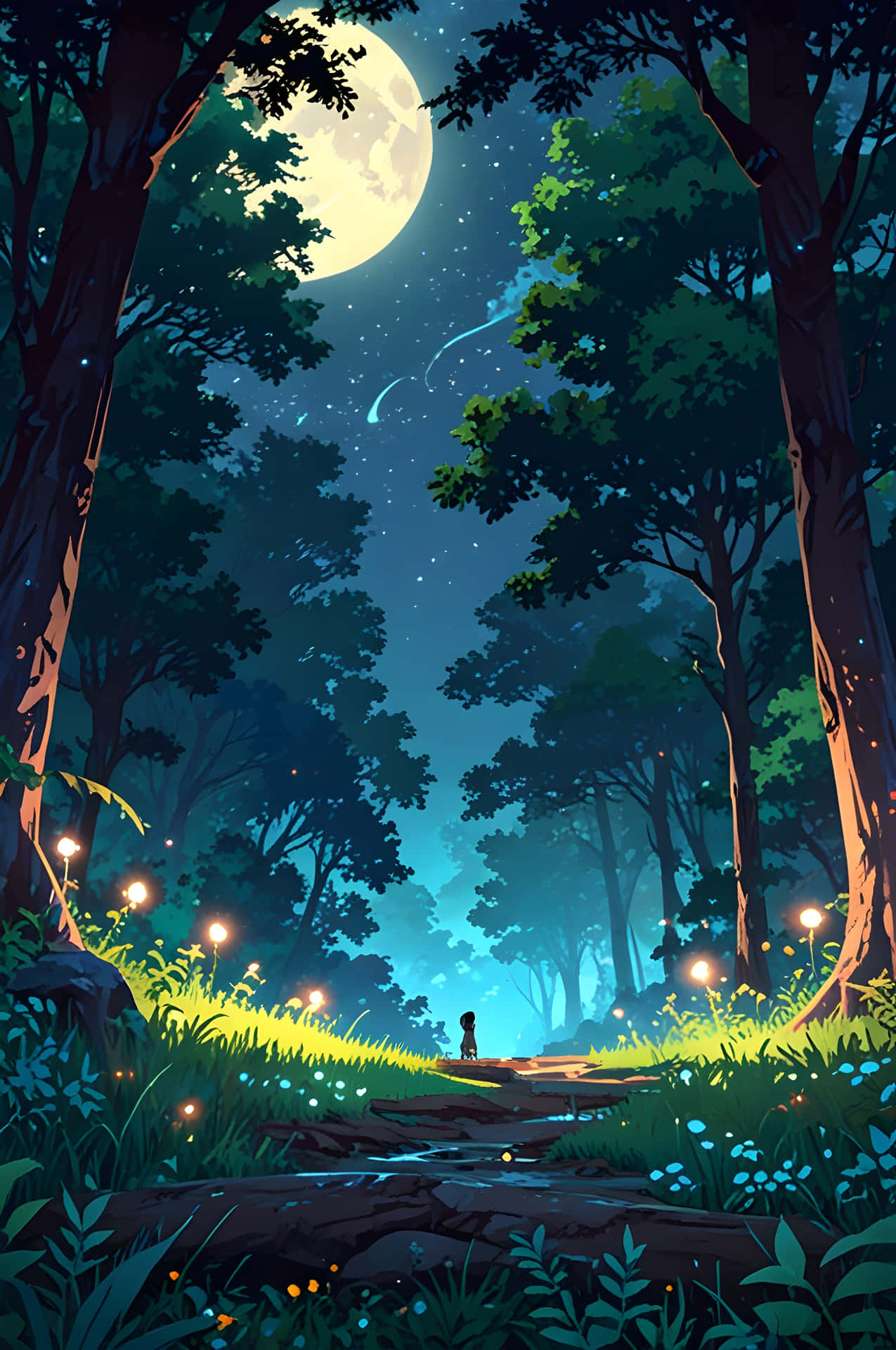 Moonlit Forest River 壁紙 — 一個孤獨的身影走在長滿青苔的森林小徑上，在發光的滿月下，螢火蟲在高聳的樹木間飛舞。