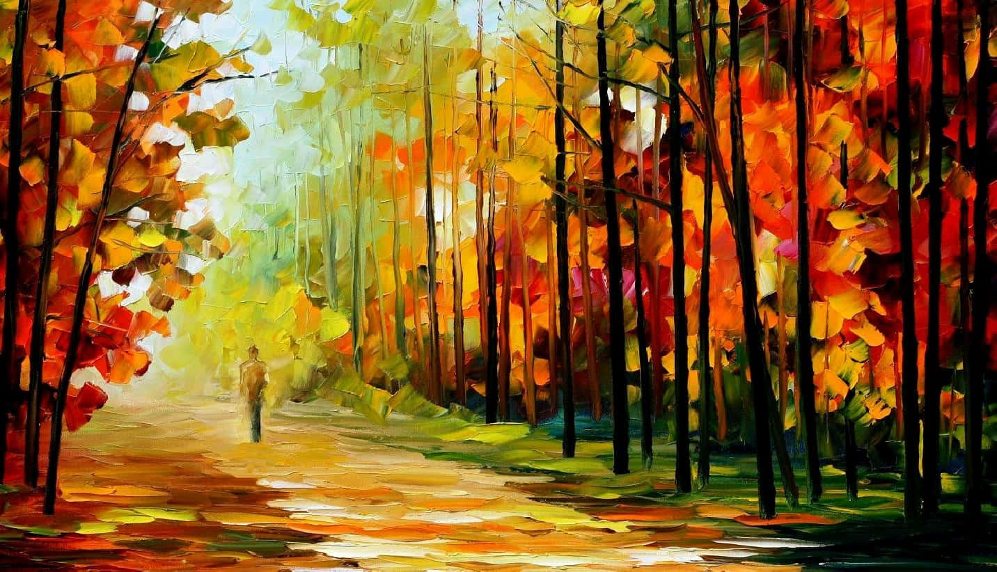 Painting 桌布 壁紙 — 一個孤獨的身影走在陽光普照的秋日森林小徑上，四周環繞著鮮豔的橙色、黃色和紅色樹葉。