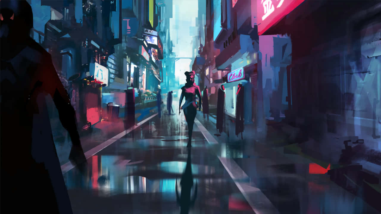 720p Apex Legends 桌布 壁紙 — 一個孤獨的身影走在霓虹燈照亮、雨水濕滑的賽博朋克街道上，反射出鮮豔的紅色和藍色燈光。