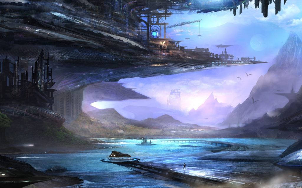 Anime Pc 桌布 壁紙 — 一個孤獨的身影走過一個漂浮平台，下方是一個懸浮在迷濛紫色天空中的巨大發光未來城市。