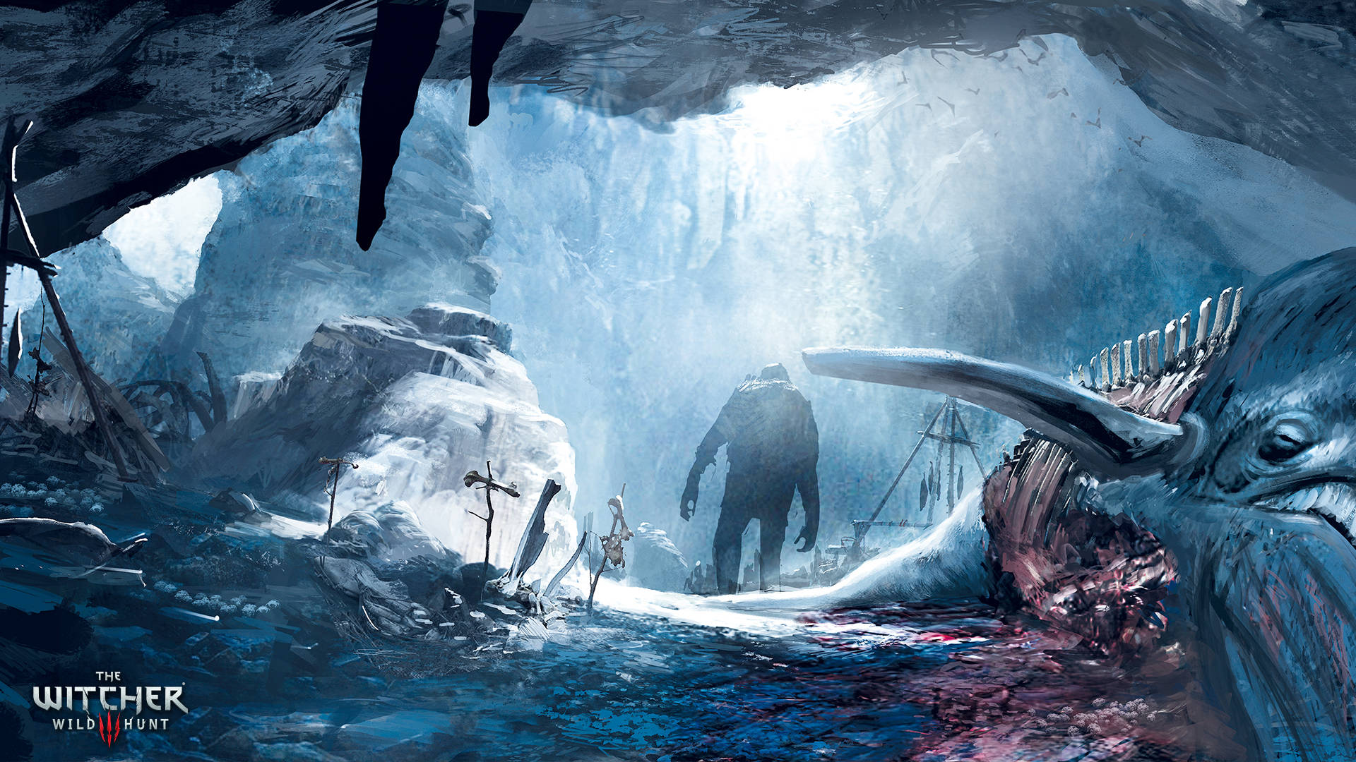 witcher 4K 桌布 壁紙 — 一個孤獨的身影走過一個被冰冷光線照亮的冰凍洞穴，經過一個巨大的鯨魚骨架和參差不齊的冰層。
