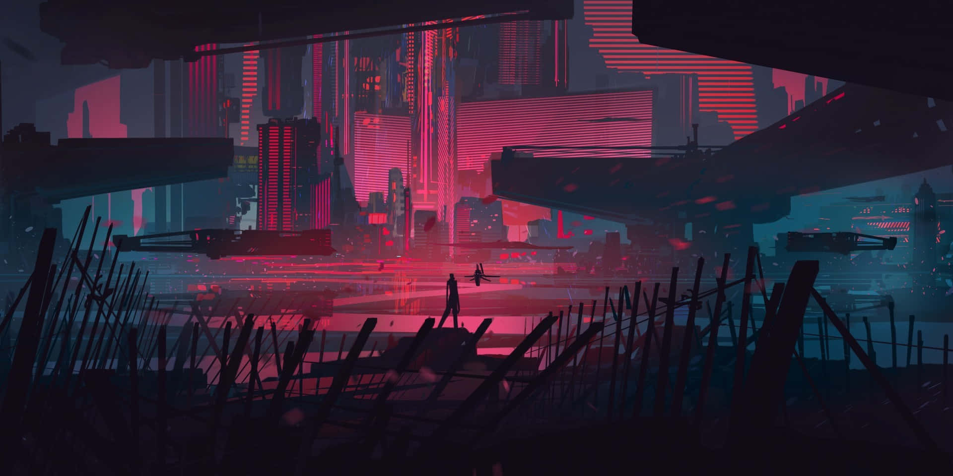 Dark Cyberpunk 桌布 壁紙 — 一個孤獨的身影走過一個被霓虹燈浸透的賽博龐克城市景觀，天空黑暗，閃爍著粉紅色和藍色的摩天大樓。