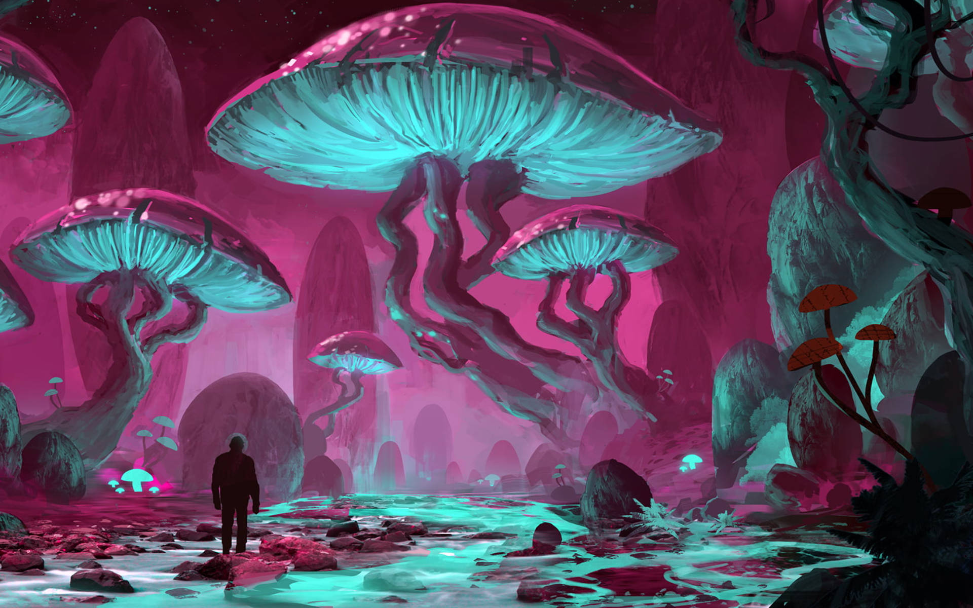 Alone 桌布 壁紙 — 一個孤獨的身影走過一個超現實的洞穴，洞穴裡充滿了巨大的發光青色蘑菇，天空是洋紅色的。
