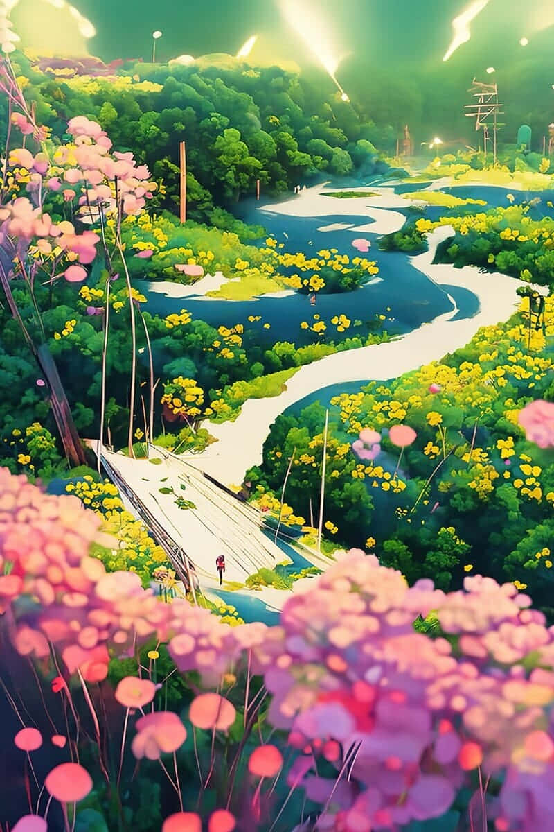 Anime Garden 桌布 壁紙 — 一個孤獨的身影走過一座木橋，橋下是蜿蜒的河流，穿過一個充滿粉紅色和黃色花朵的 vibrant 山谷，上方閃爍著綠色的光芒。