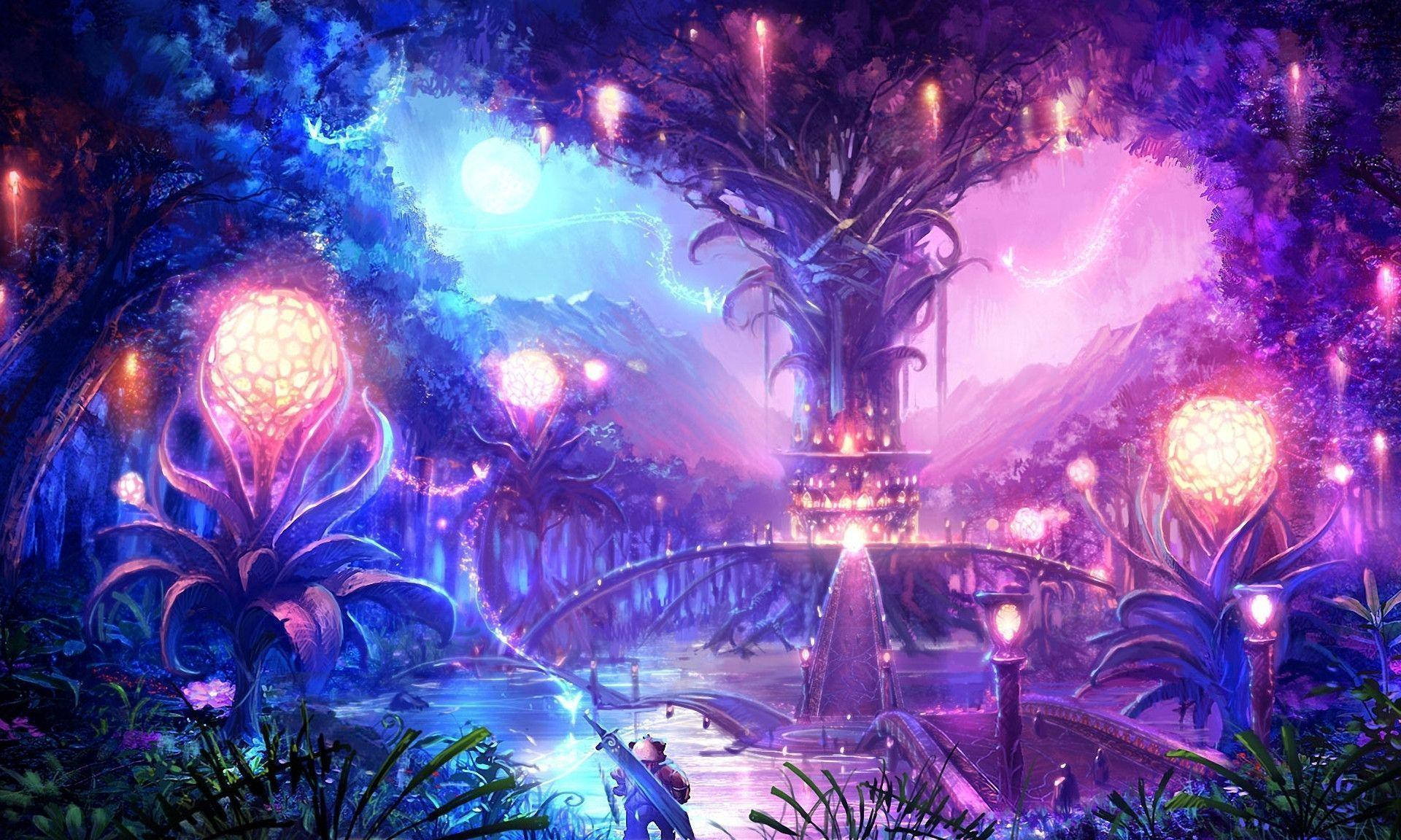 電玩遊戲 桌布 壁紙 — 一個孤獨的身影走過一座發光的橋，穿越一個超現實的森林，森林中有生物發光的植物和一棵雄偉的樹，天空是暮色。